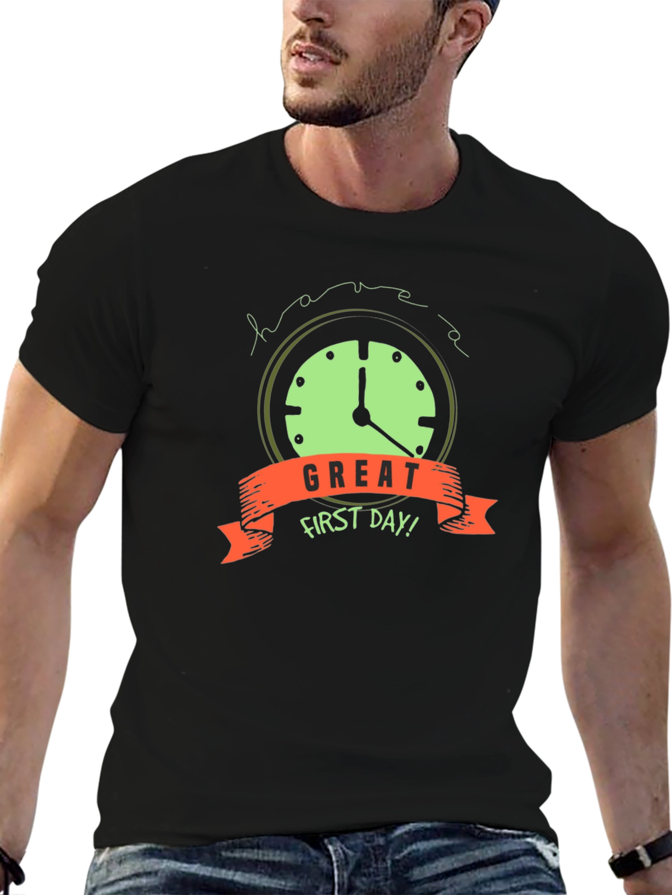 Black Great First Day Clock Graphic Tee - Black Cotton Blend view 6