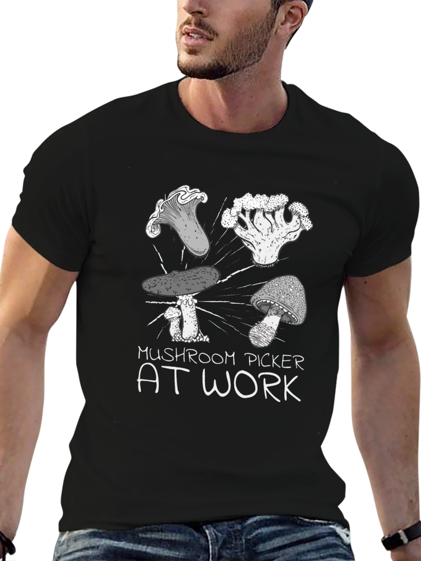Black Mushroom Picker T-Shirt - At Work view 6