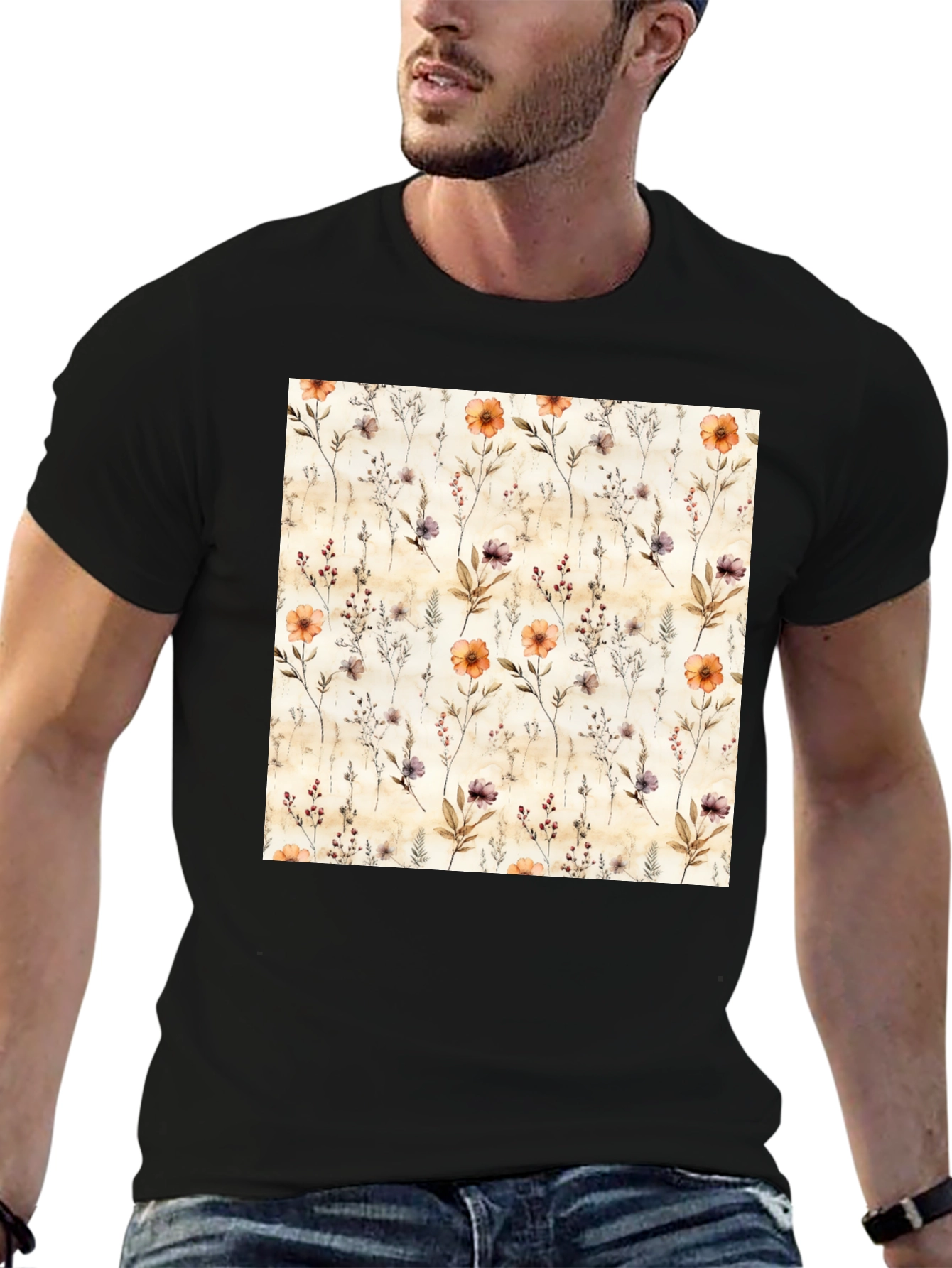 Black Floral Print Crew Neck T-Shirt view 6