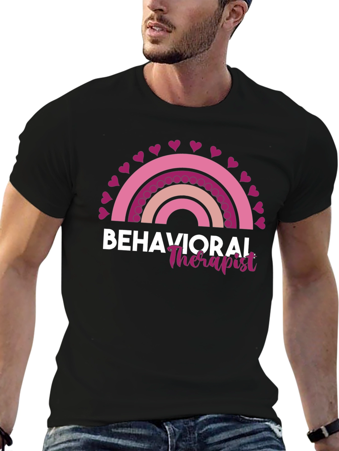 Black Behavioral Therapist Rainbow Heart T-Shirt view 6