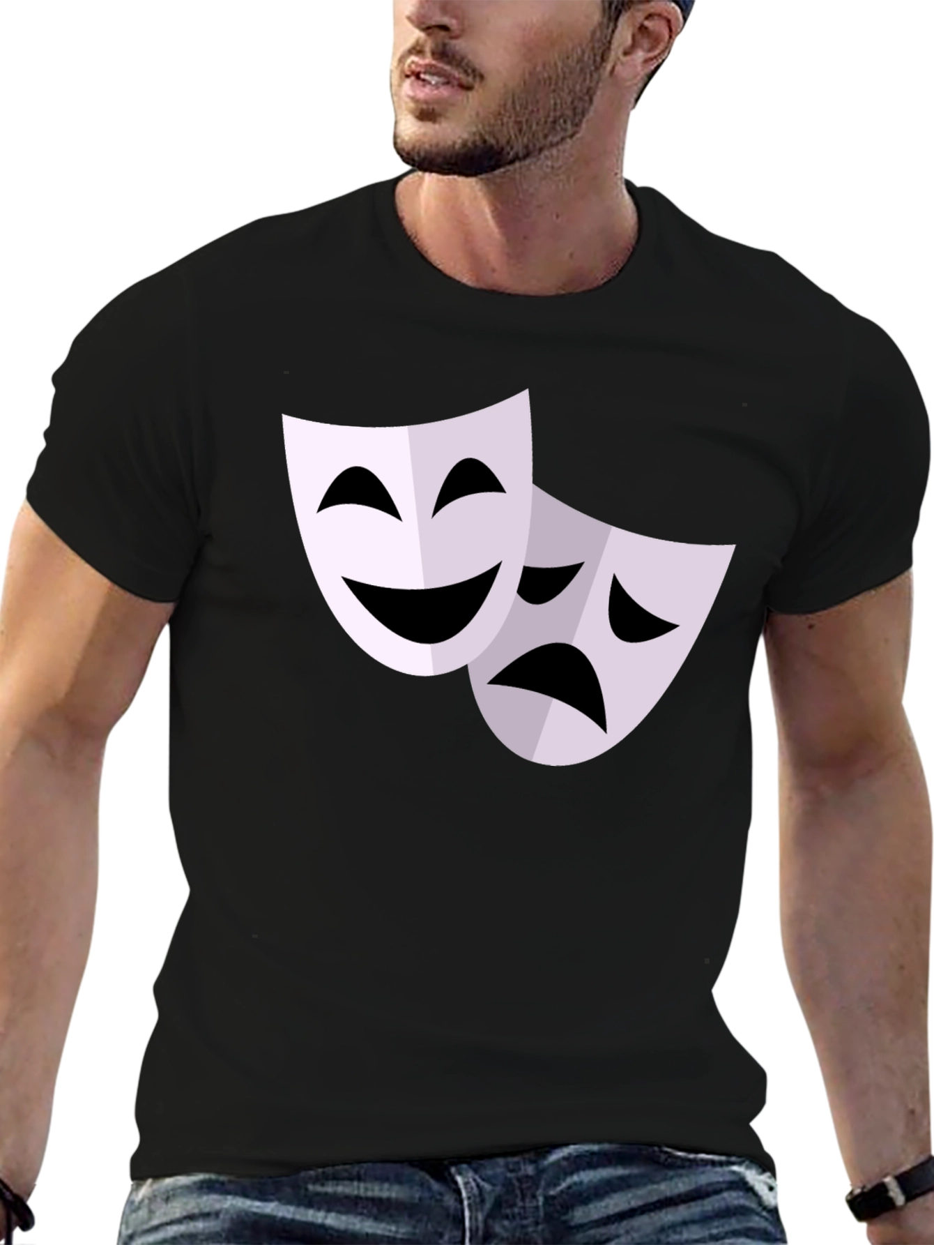 Black Comedy Tragedy Mask Graphic T-Shirt - Black view 6