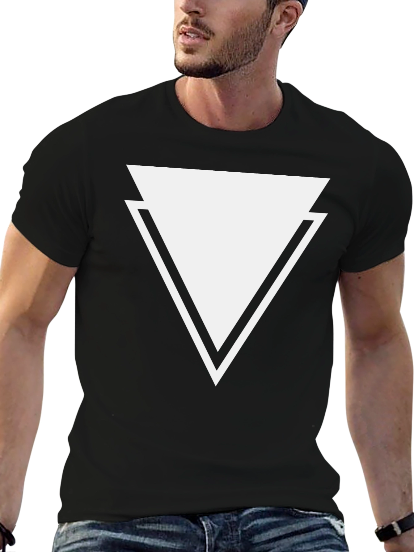 Black Men's Black T-Shirt - Geometric Triangle Design view 6