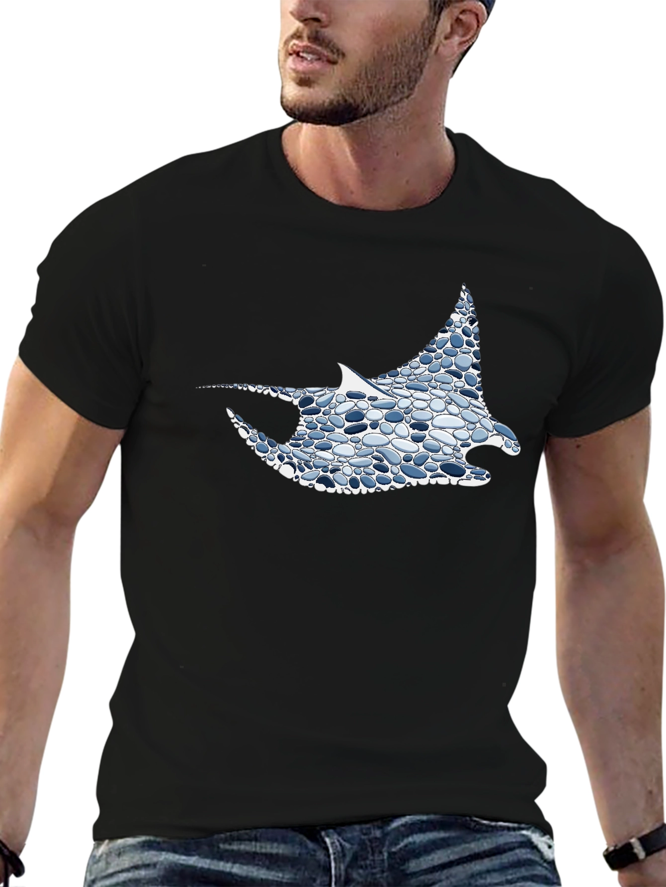 Black Cool Stingray Graphic Tee - Unique Pebble Design view 6