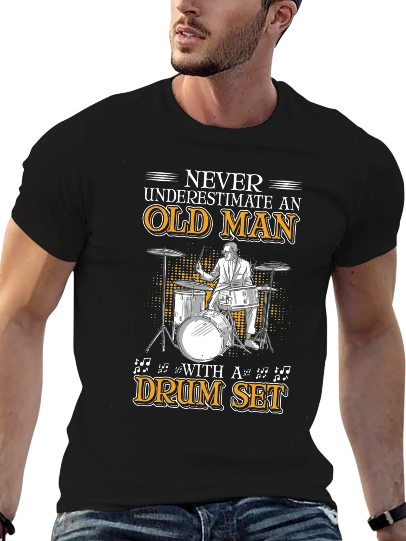 Black Old Man Drum Set T-Shirt - Musician Gift view 6