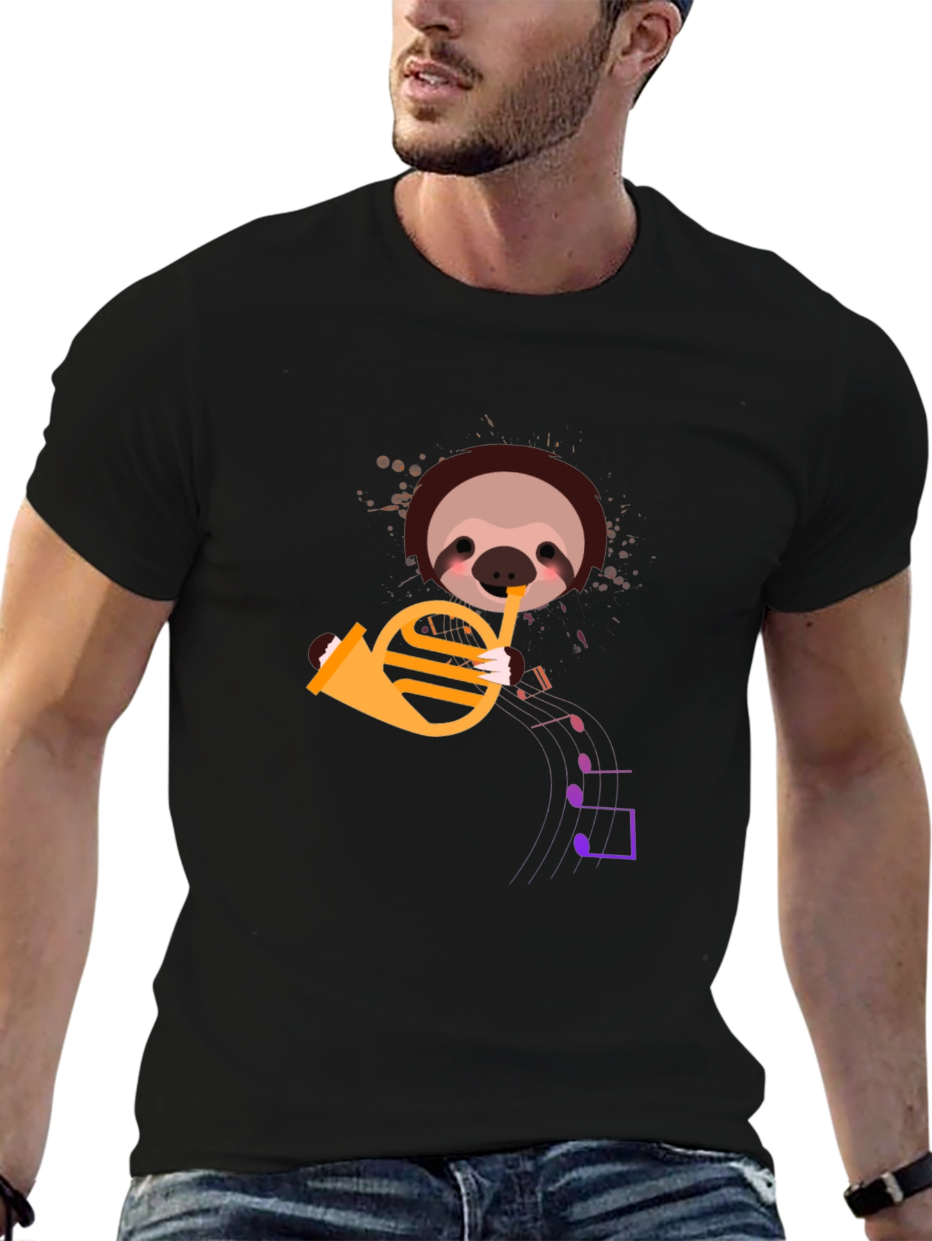 Black Sloth Horn Player Graphic Tee - Black Cotton T-Shirt view 6