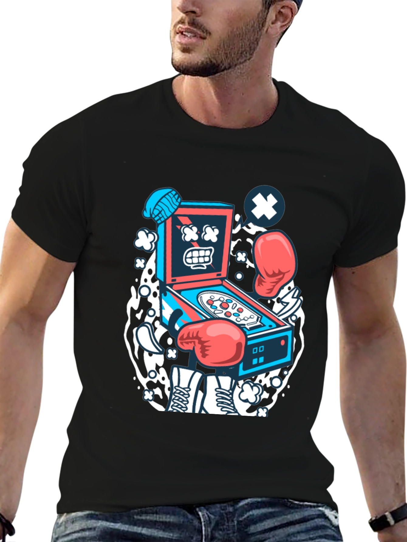 Black Cartoon Pinball T-Shirt - Novelty Graphic Tee view 6