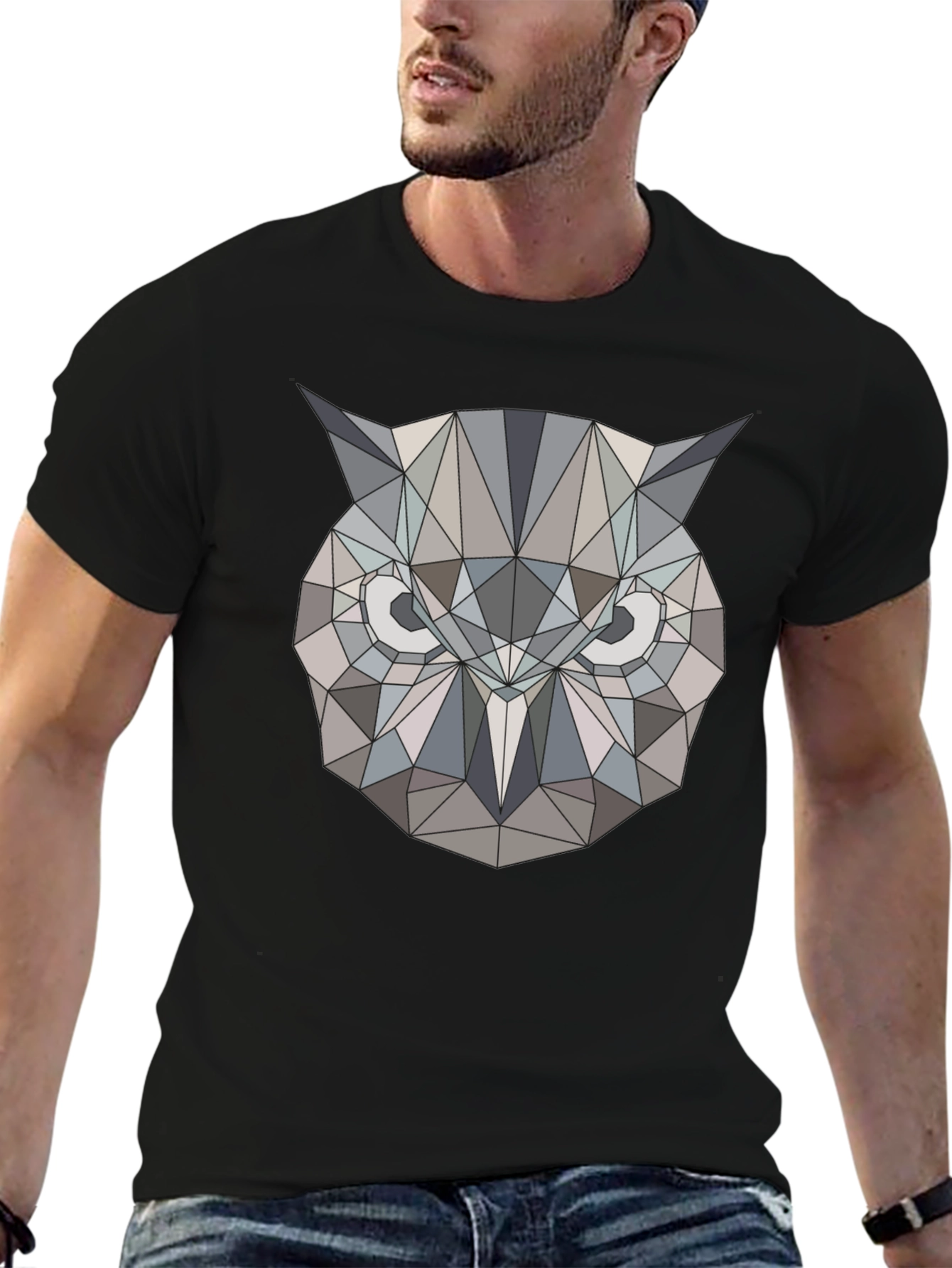 Black Geometric Owl Print Black T-Shirt view 6