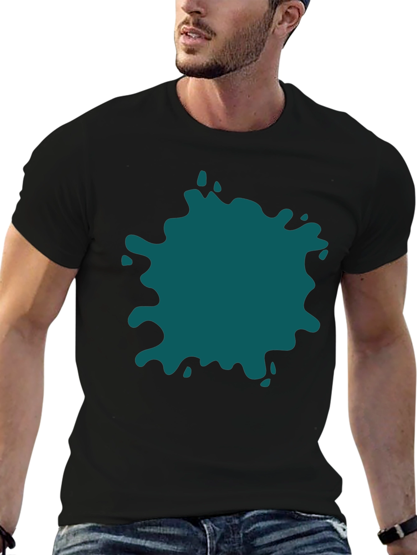 Black Bold Teal Splatter Black T-Shirt - Unique Design view 6
