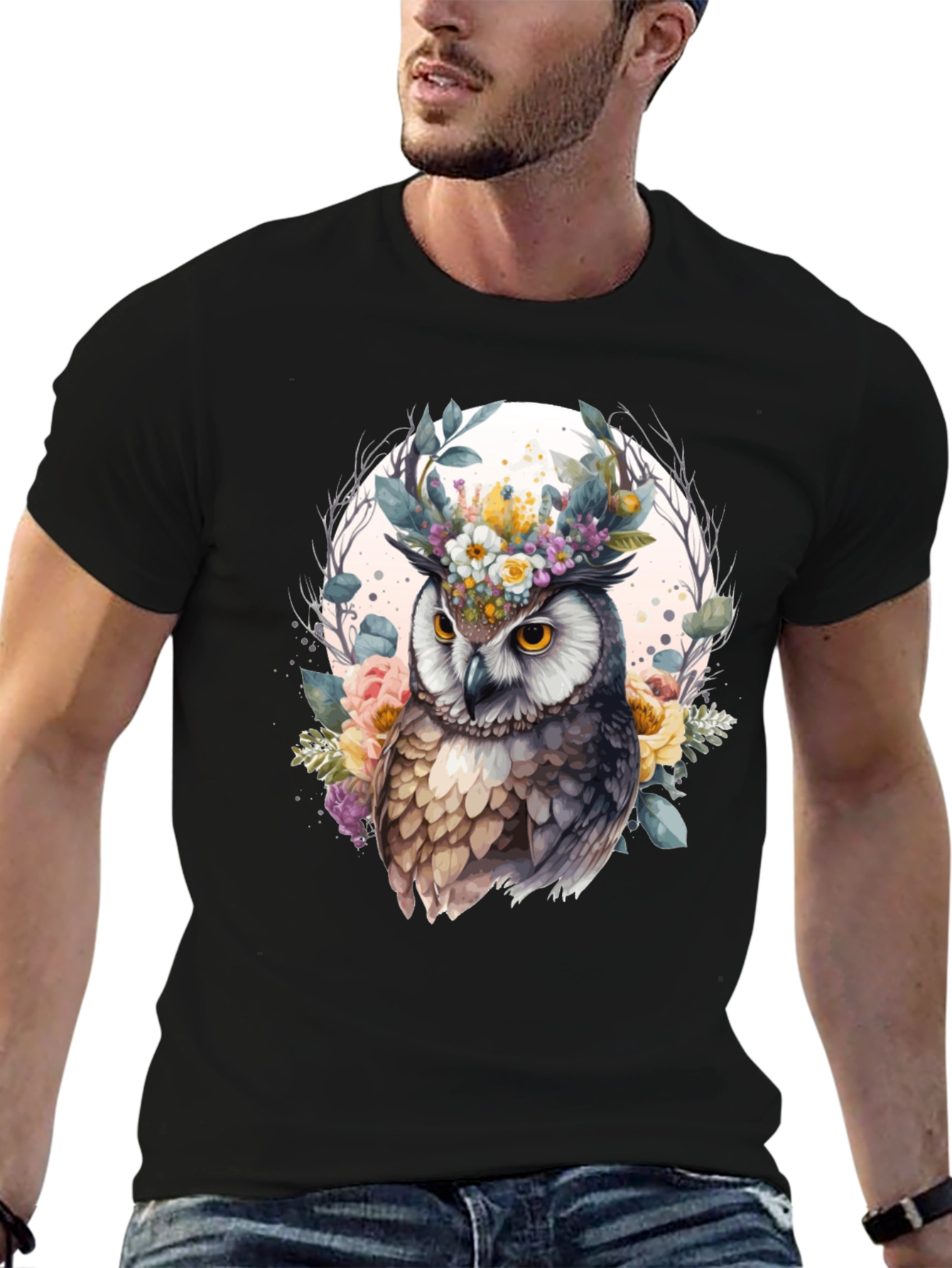 Black Floral Owl Graphic Tee - Unique Design view 6