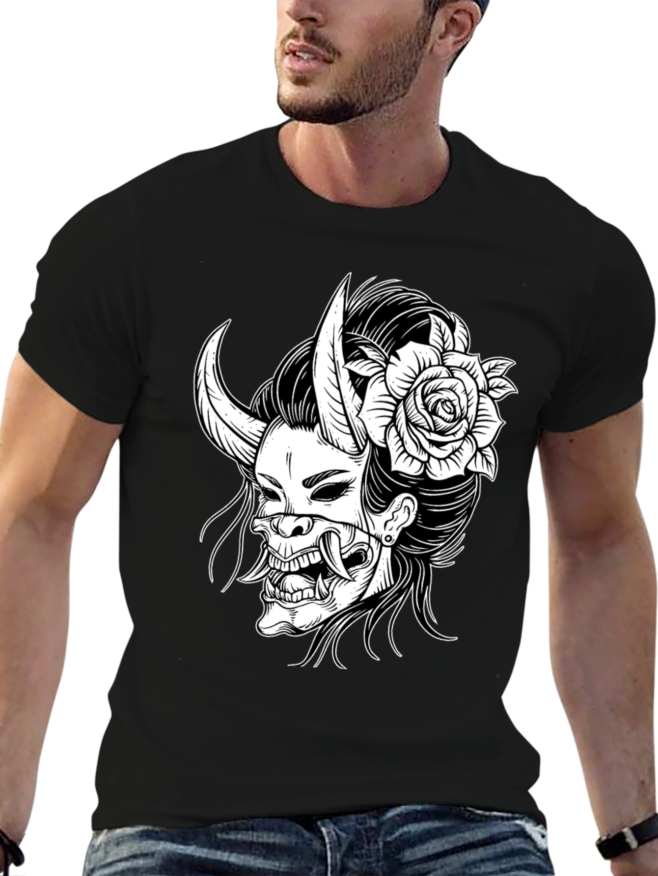 Black Black T-Shirt with Oni Mask & Rose Graphic view 6