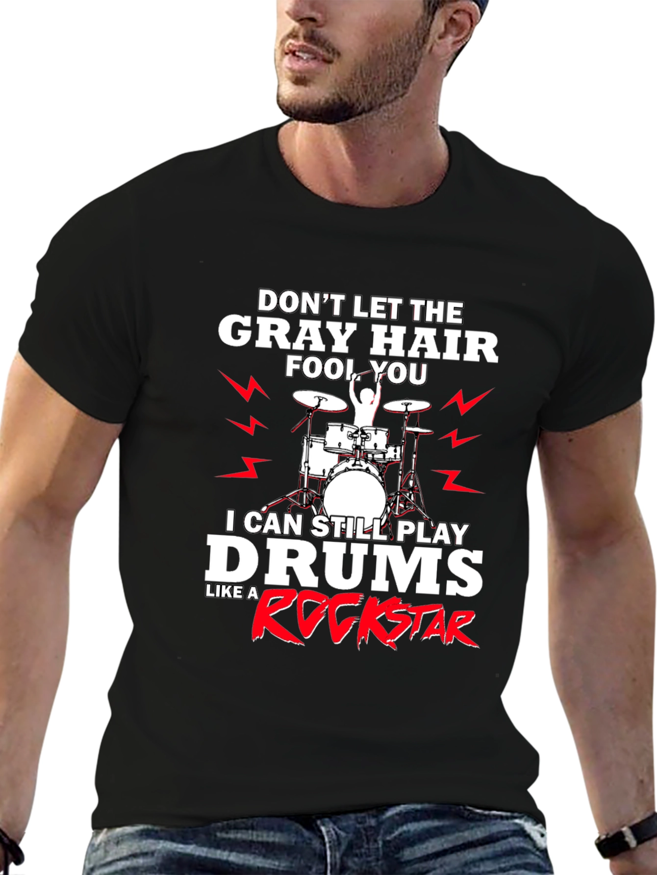 Black Gray Hair Rockstar Drummer T-Shirt view 6