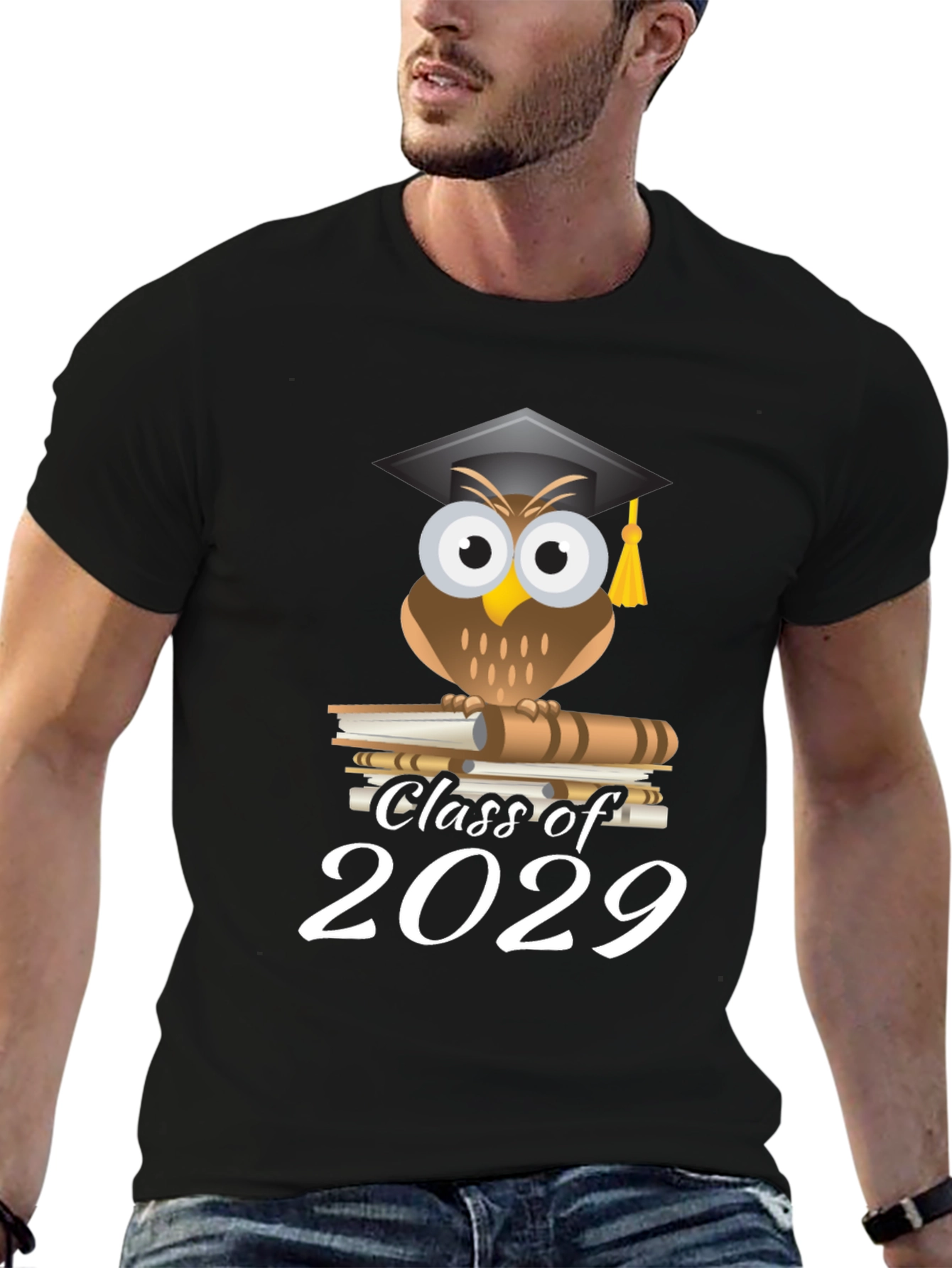 Black Class of 2029 Owl Graduation T-Shirt view 6