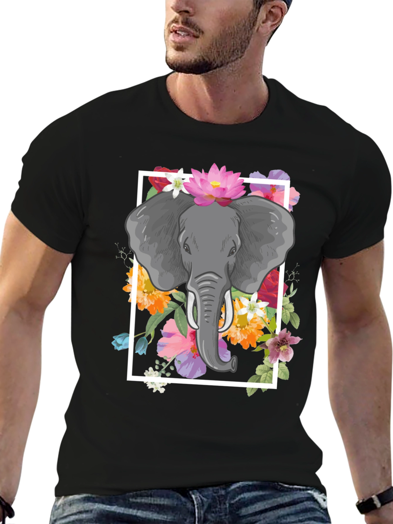 Black Elephant Floral Graphic Tee - Men's Black T-Shirt view 6
