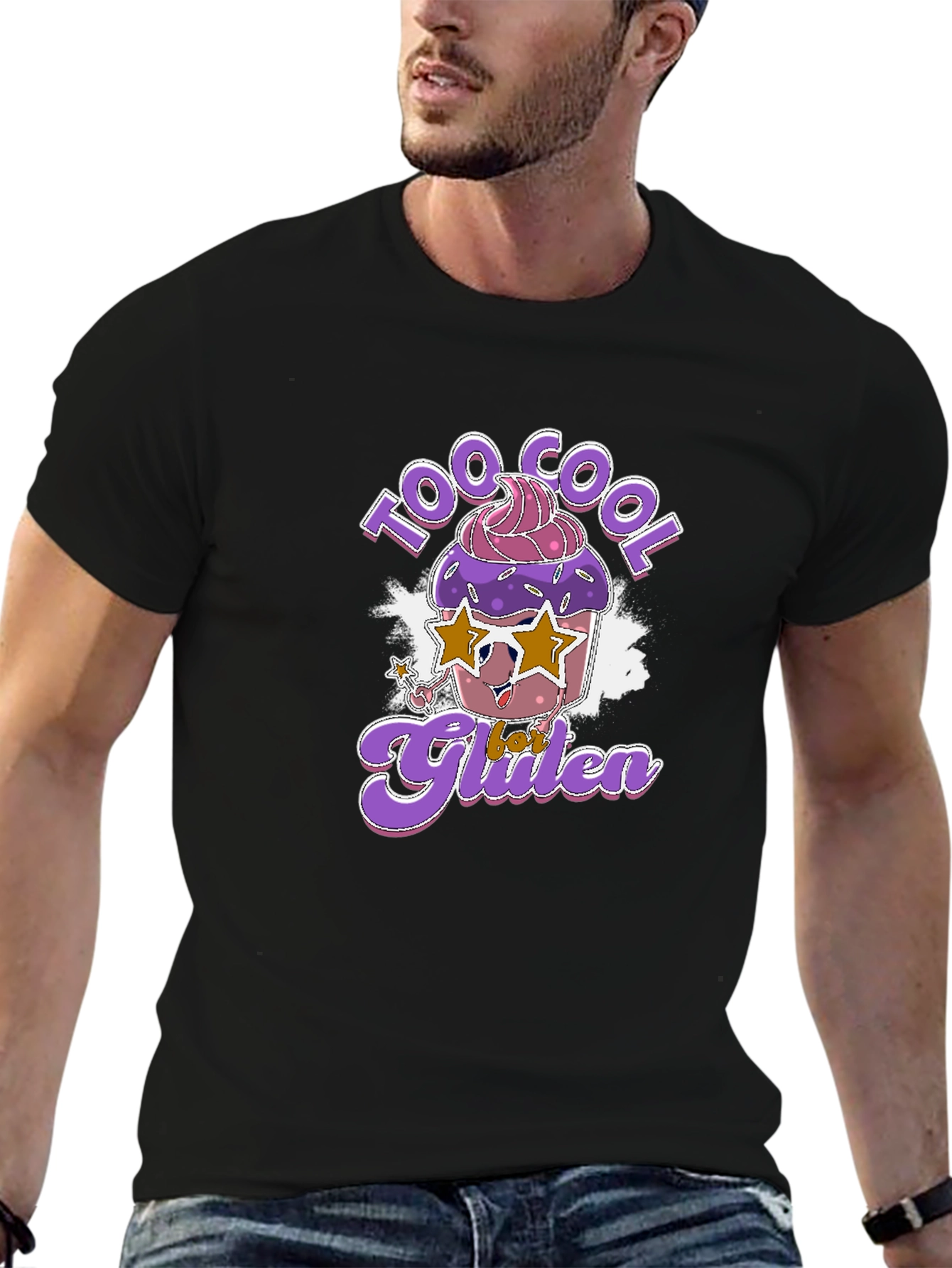 Black Cool Gluten T-Shirt - Fun Cupcake Design view 6