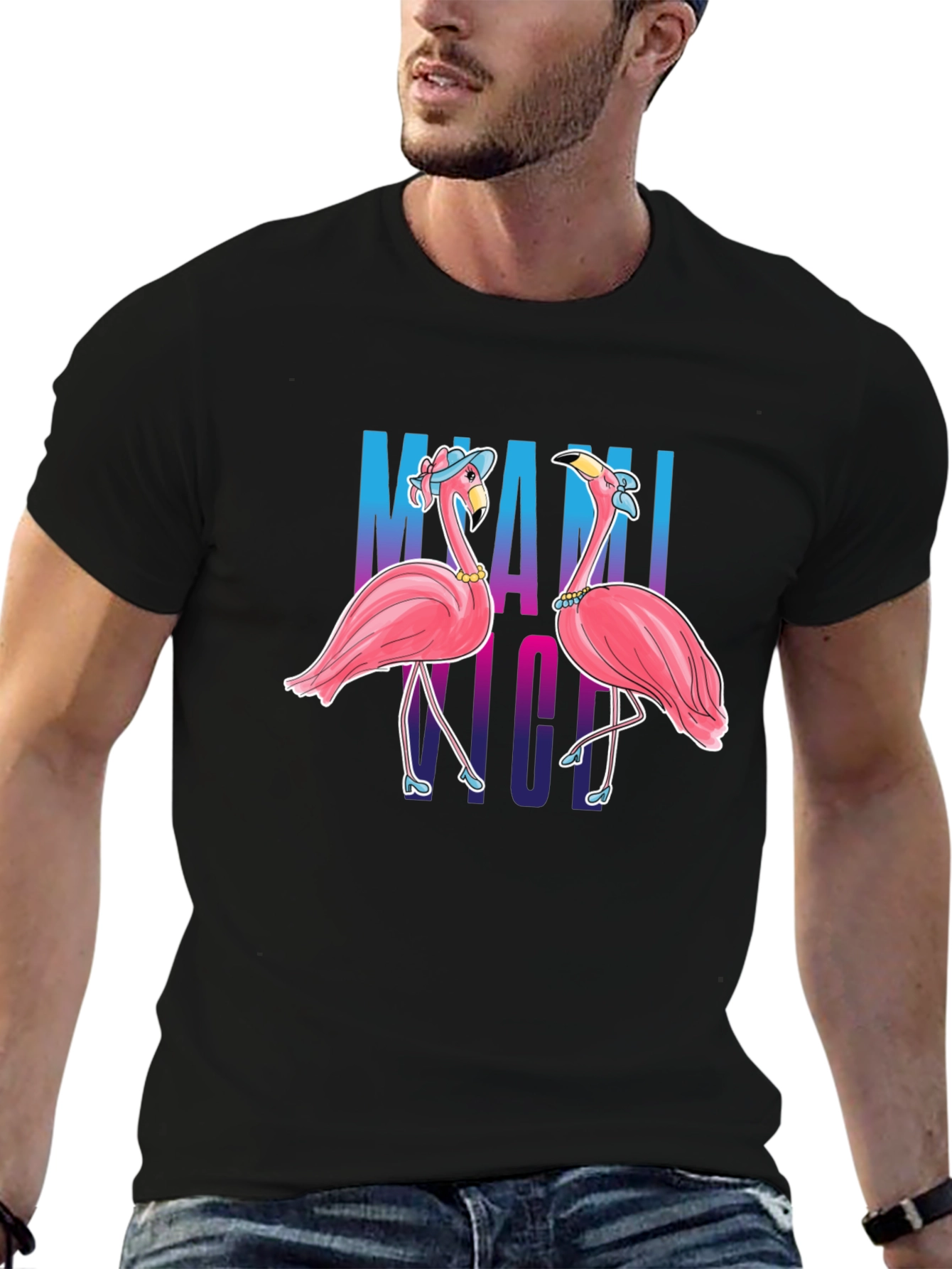Black Miami Nights Flamingo T-Shirt view 6