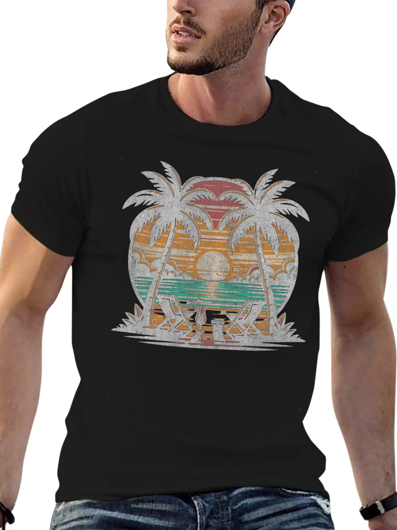 Black Retro Beach Palm Tree Sunset Graphic T-Shirt view 6
