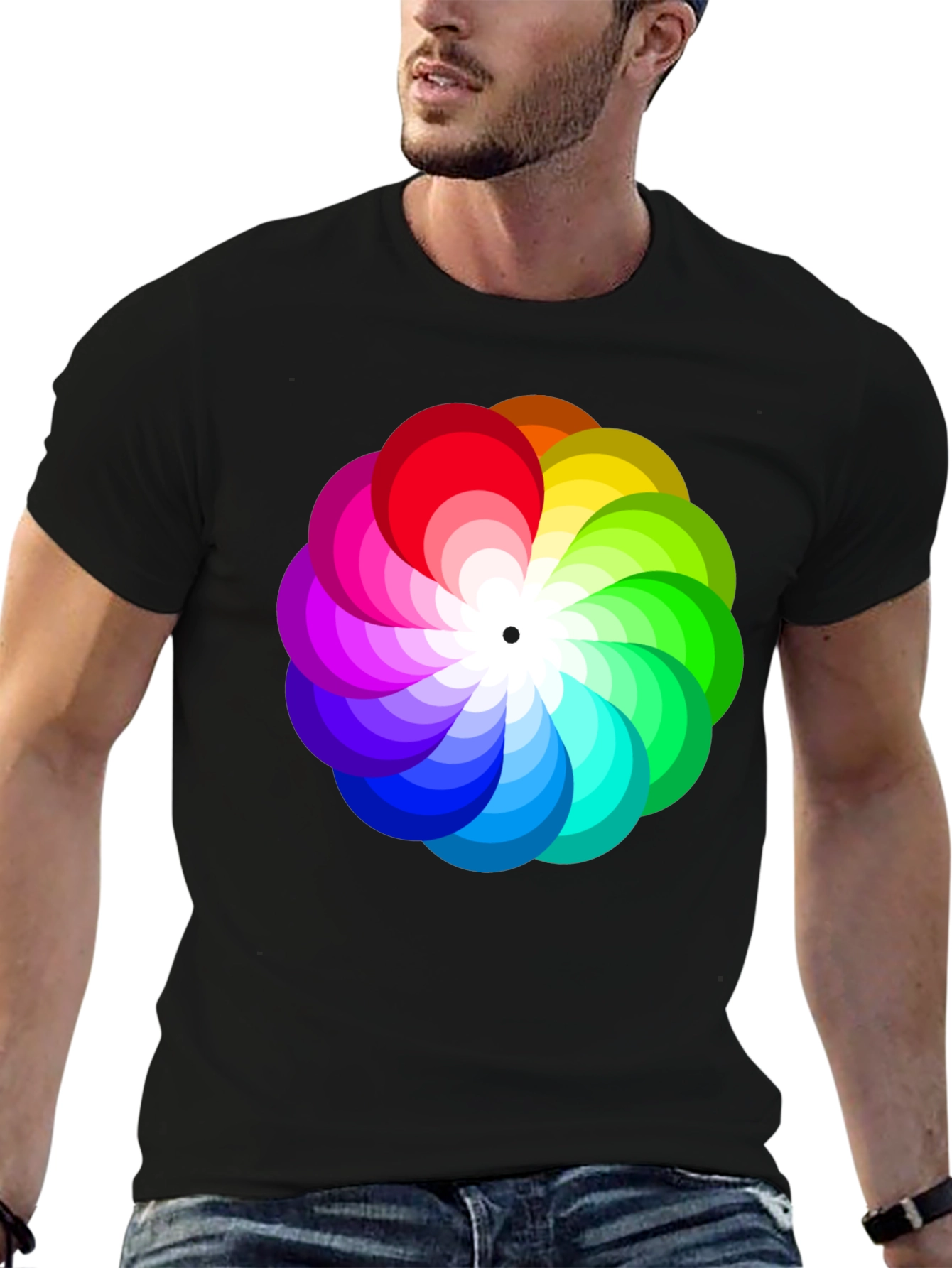 Black Vibrant Rainbow Flower Graphic Black T-Shirt view 6
