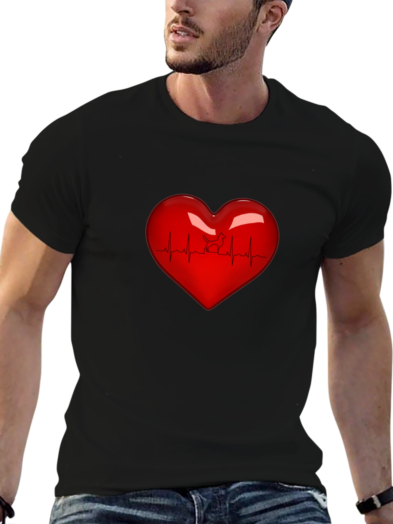 Black Heartbeat Dog Lover T-Shirt - Black view 6