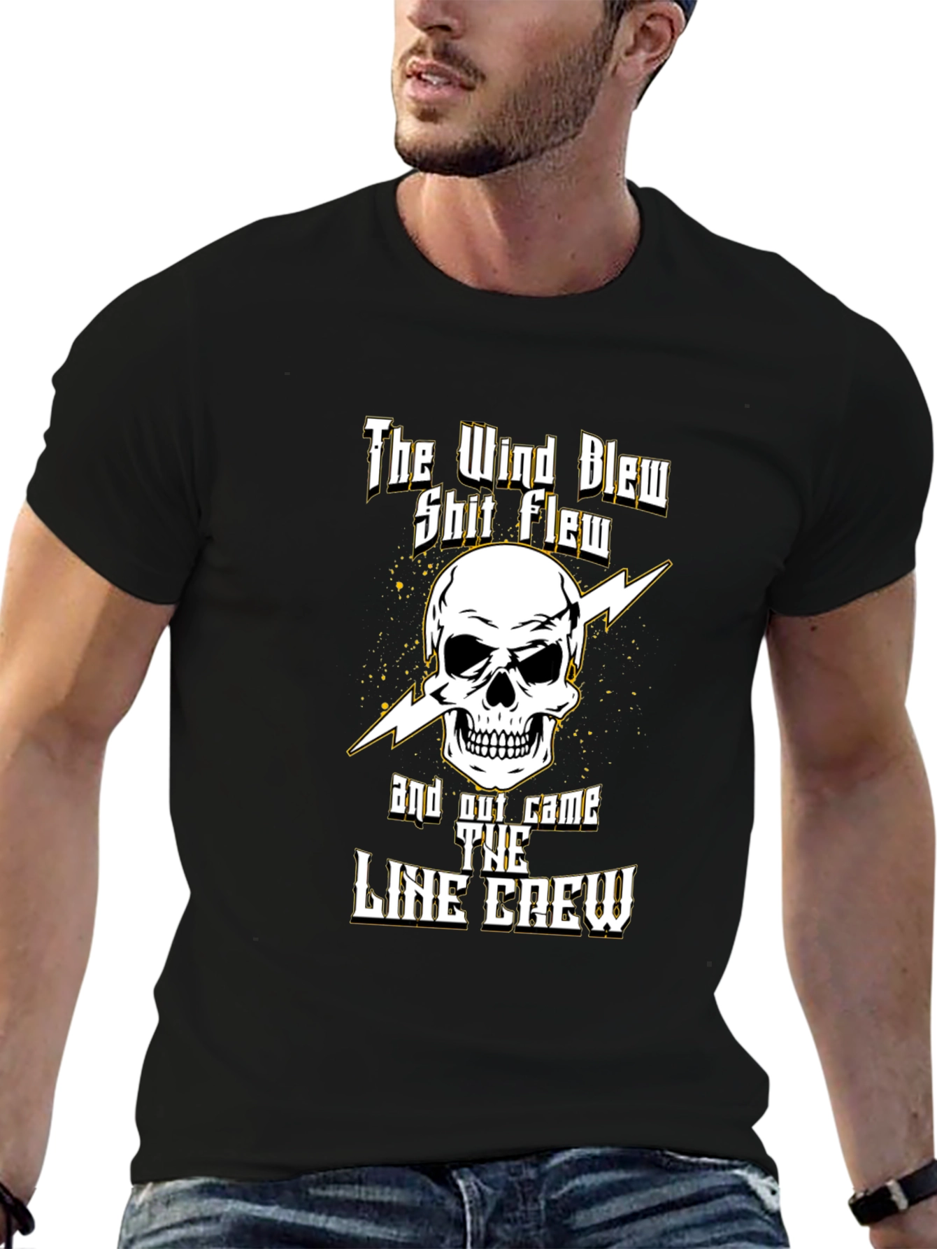 Black Line Crew Skull T-Shirt - Electrician Power Lineman Tee view 6