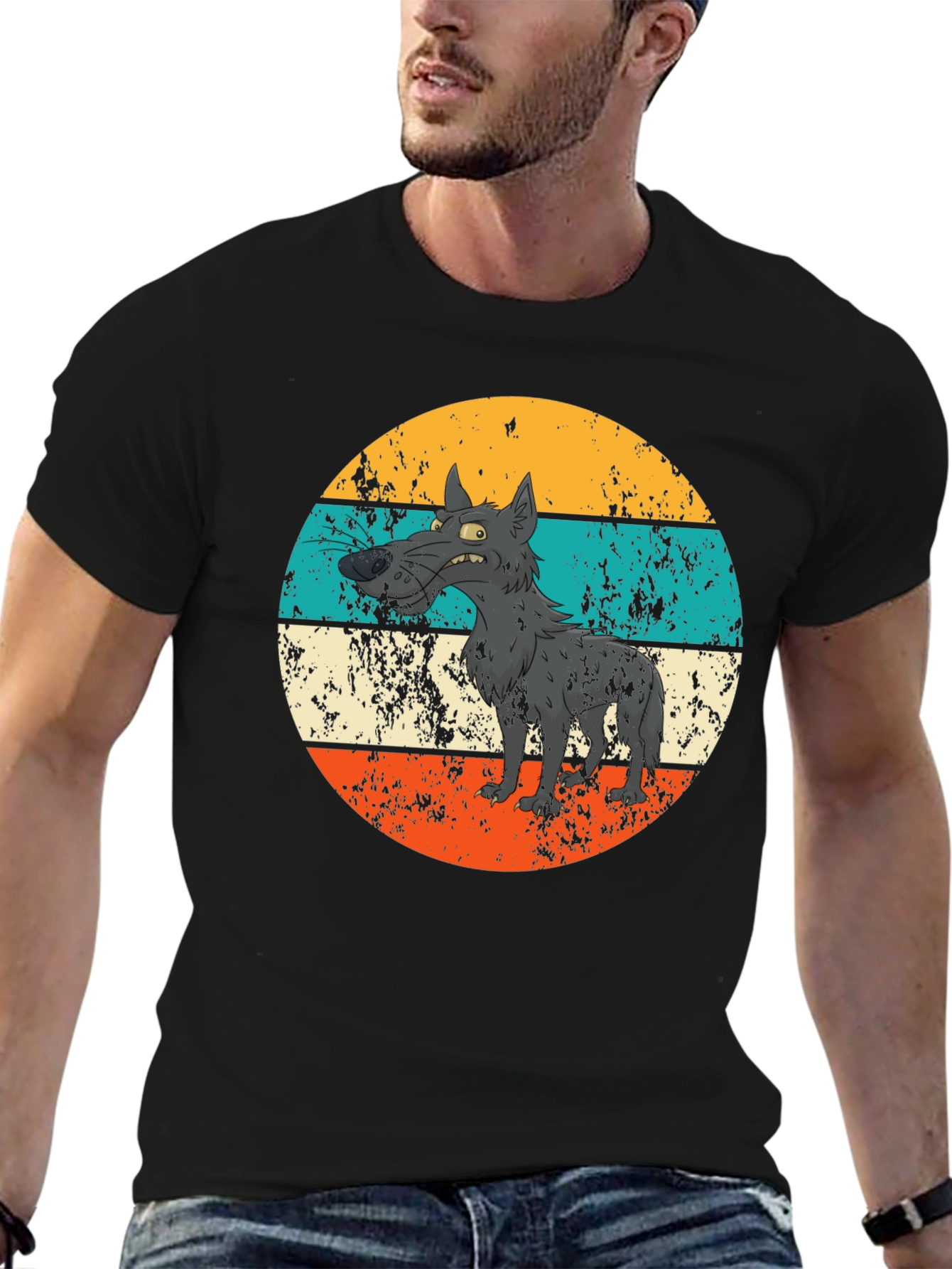 Black Retro Grumpy Wolf Graphic Tee view 6