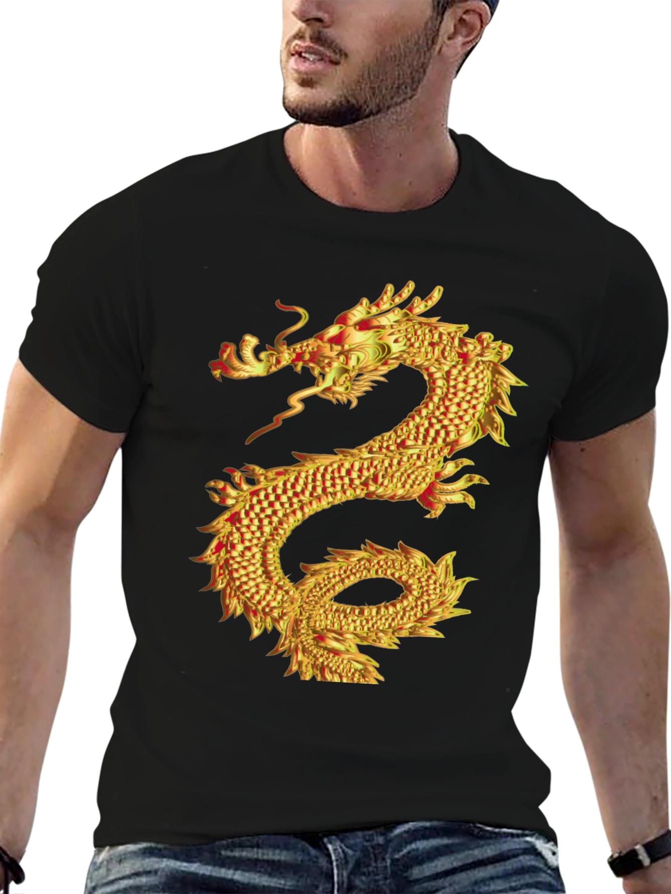 Black Golden Dragon Graphic Print Black T-Shirt view 6