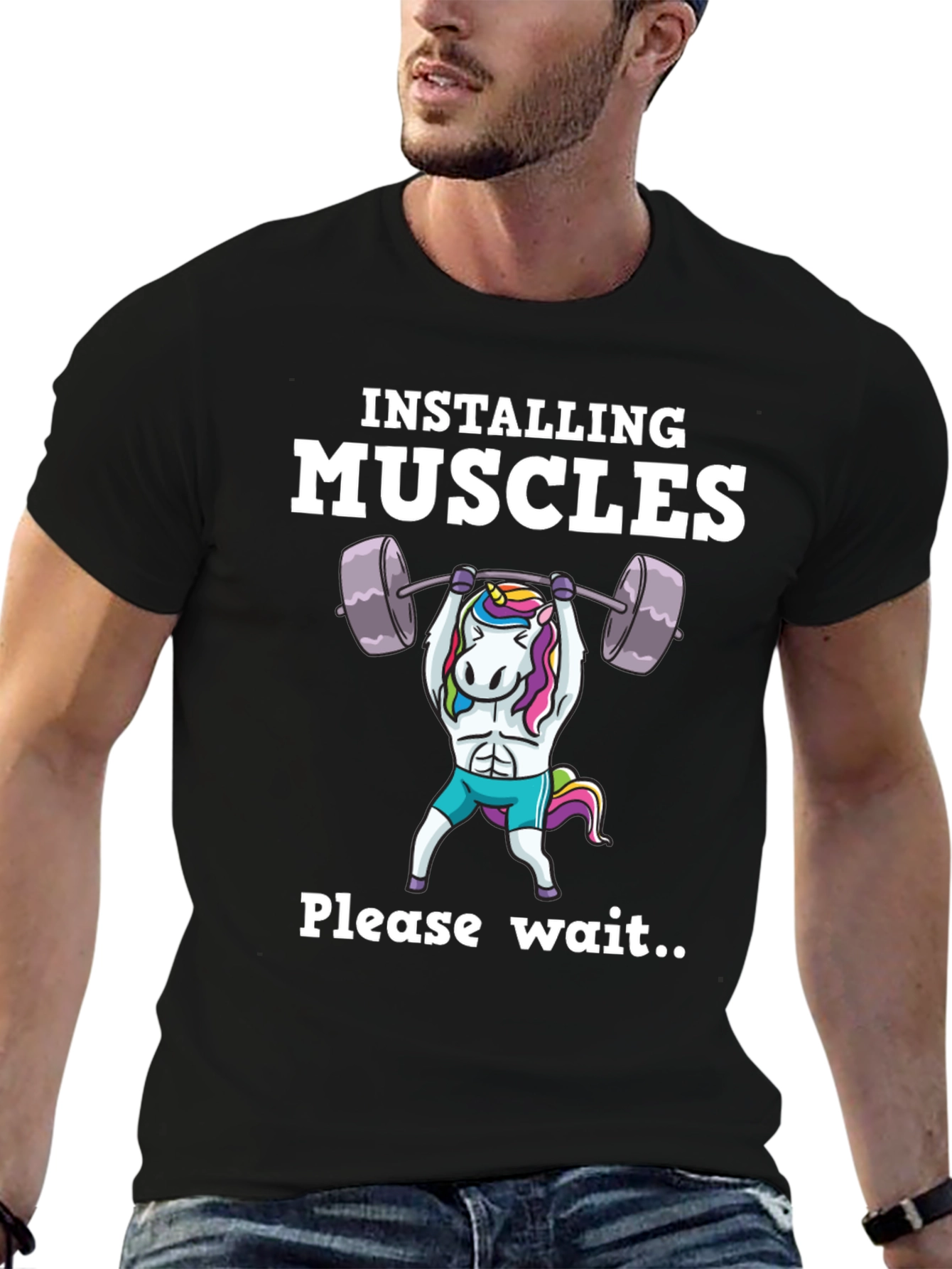 Black Funny Unicorn Muscle Building T-Shirt Gym Workout view 6