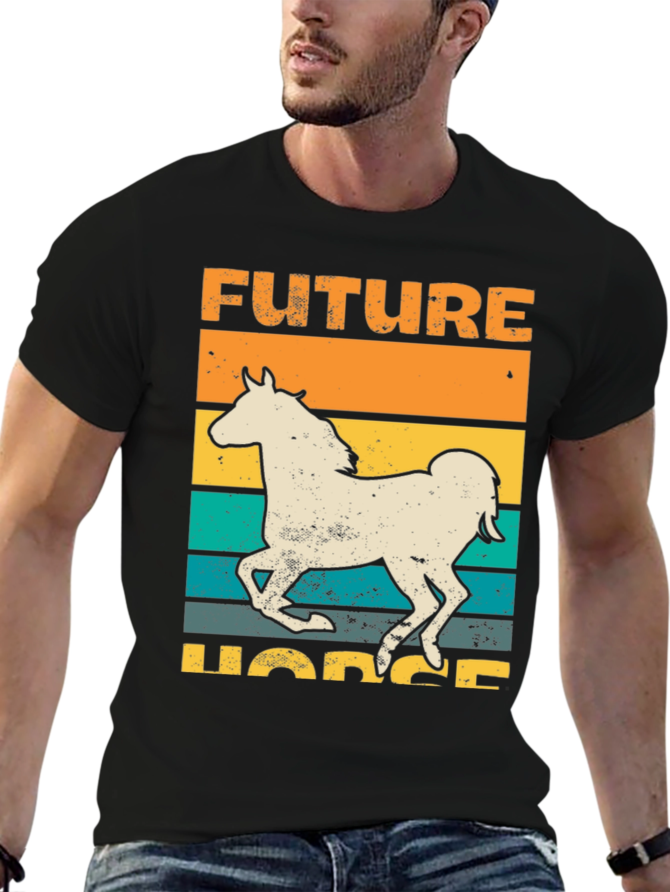 Black Future Horse T-Shirt Retro Style Graphic Tee view 6