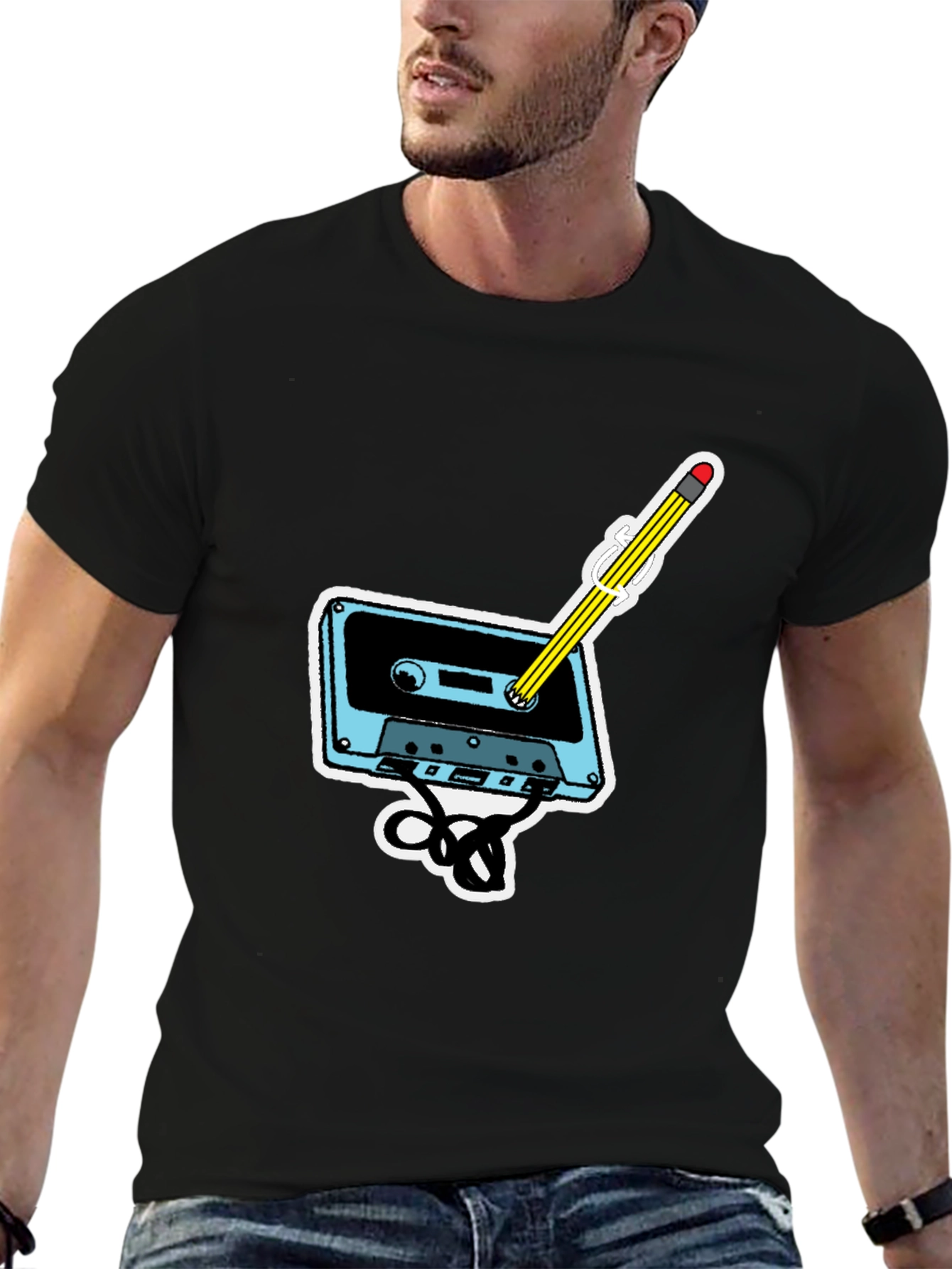 Black Retro Cassette & Pencil Graphic T-Shirt view 6