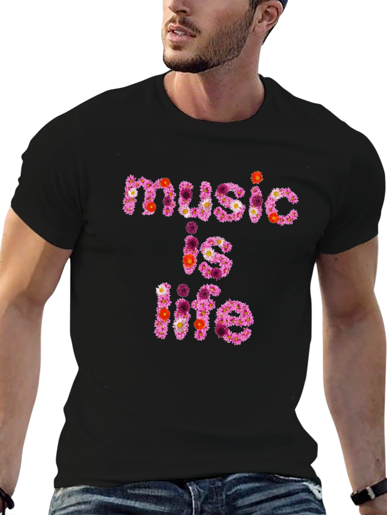 Black Floral 'Music is Life' Graphic Black T-Shirt view 6