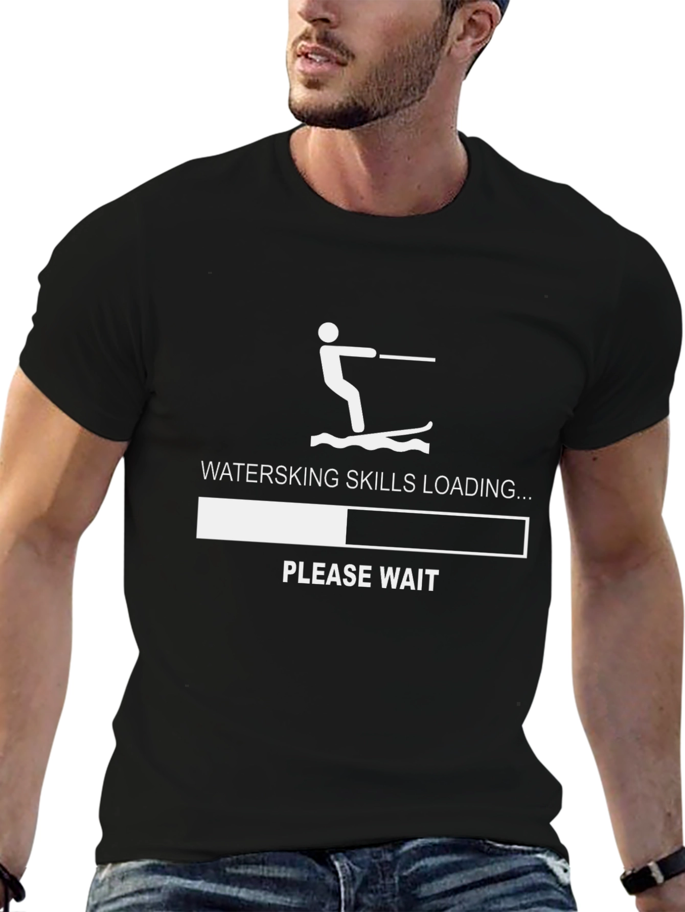 Black Waterskiing Skills Loading T-Shirt - Funny Summer Tee view 6