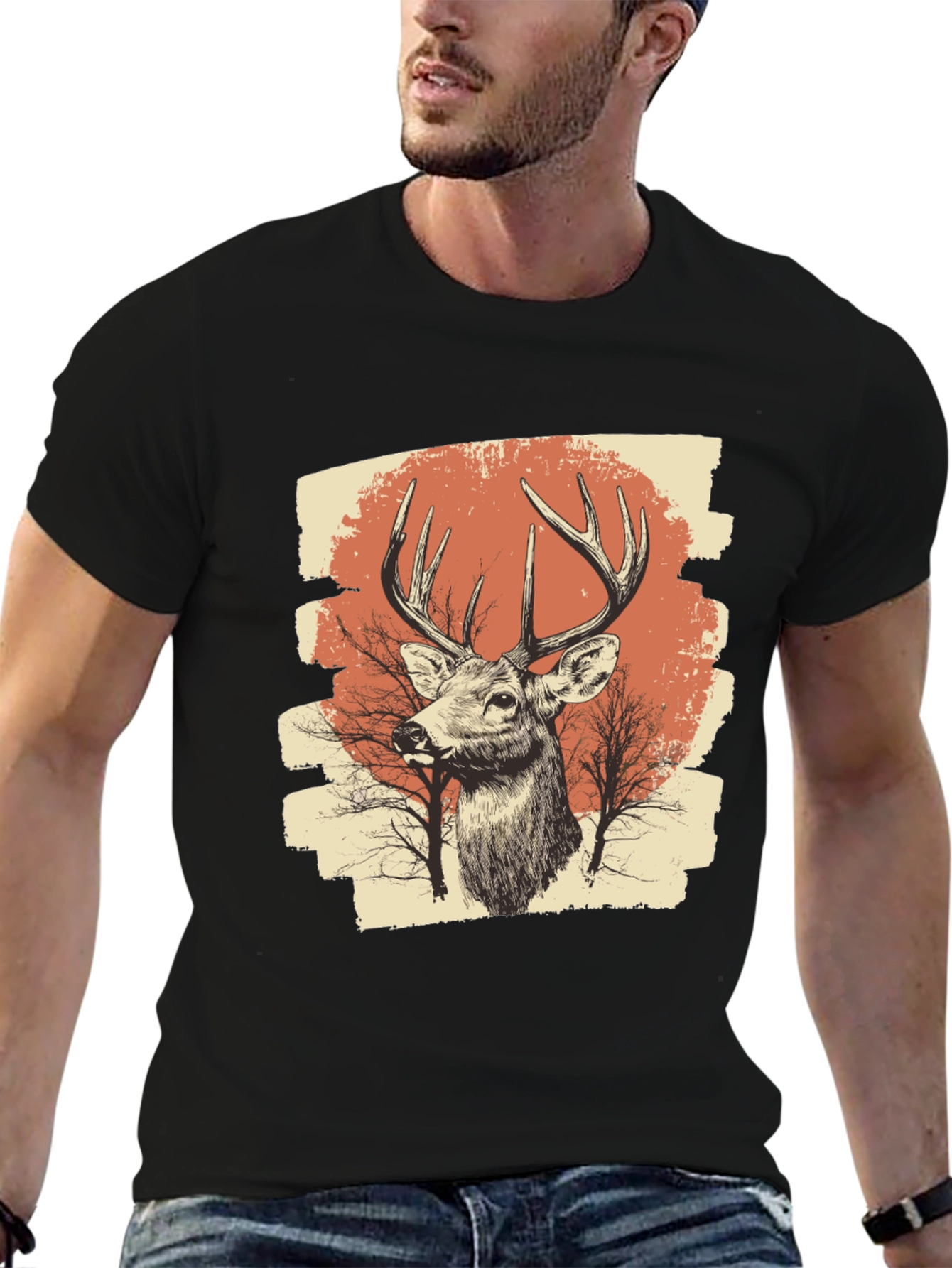 Black Deer Graphic Print Black T-Shirt view 6