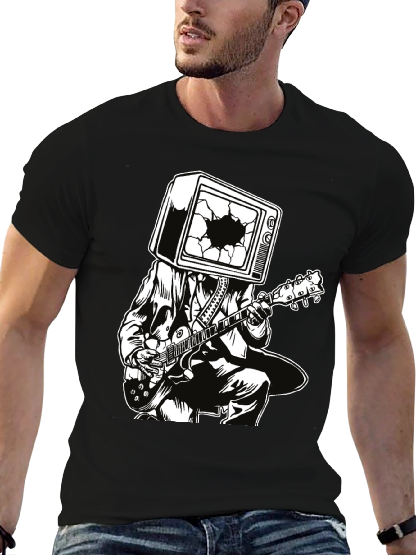 Black Guitar Man with TV Head Graphic T-Shirt view 6