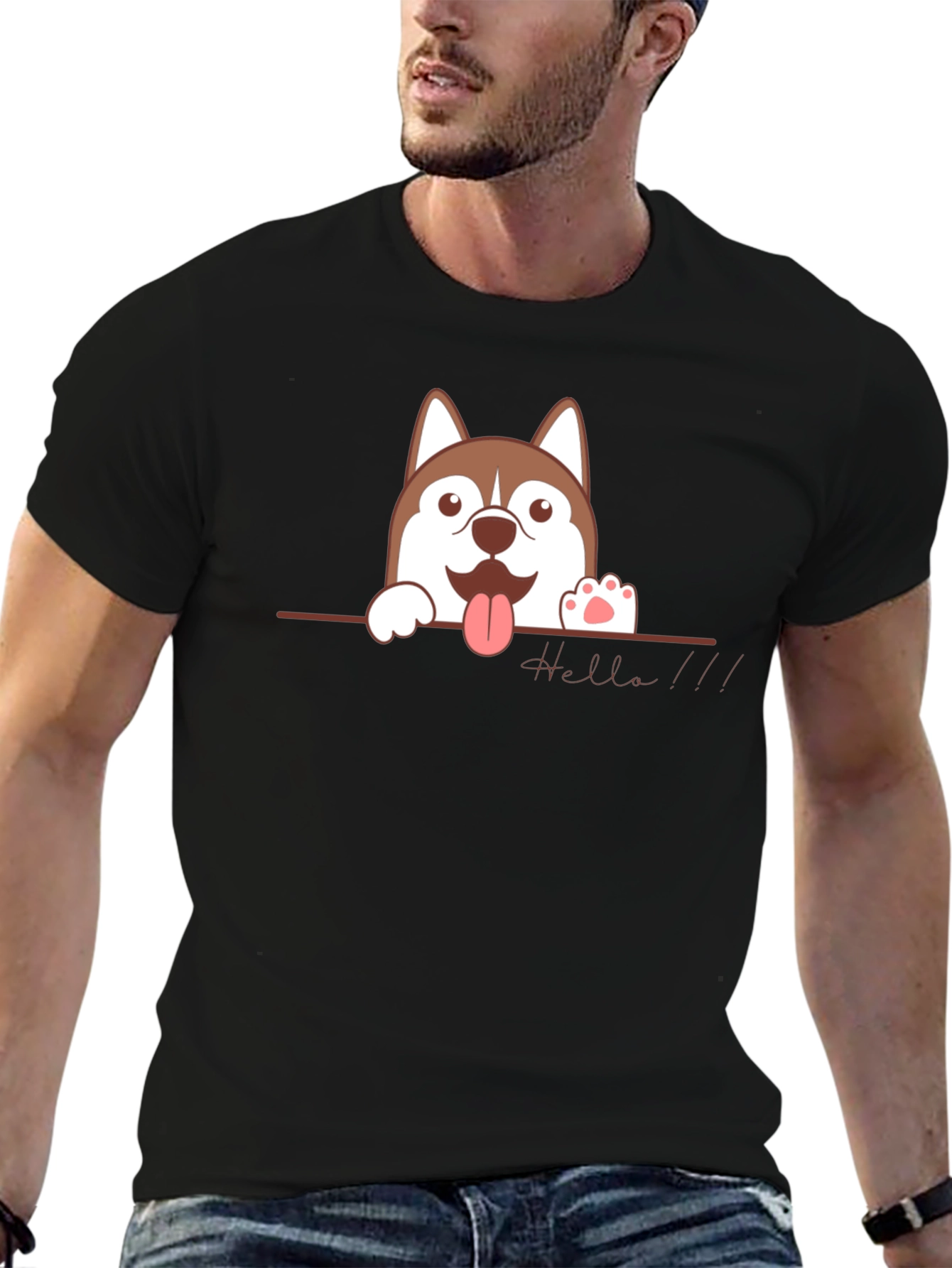 Black Cute Husky "Hello" Black T-Shirt view 6