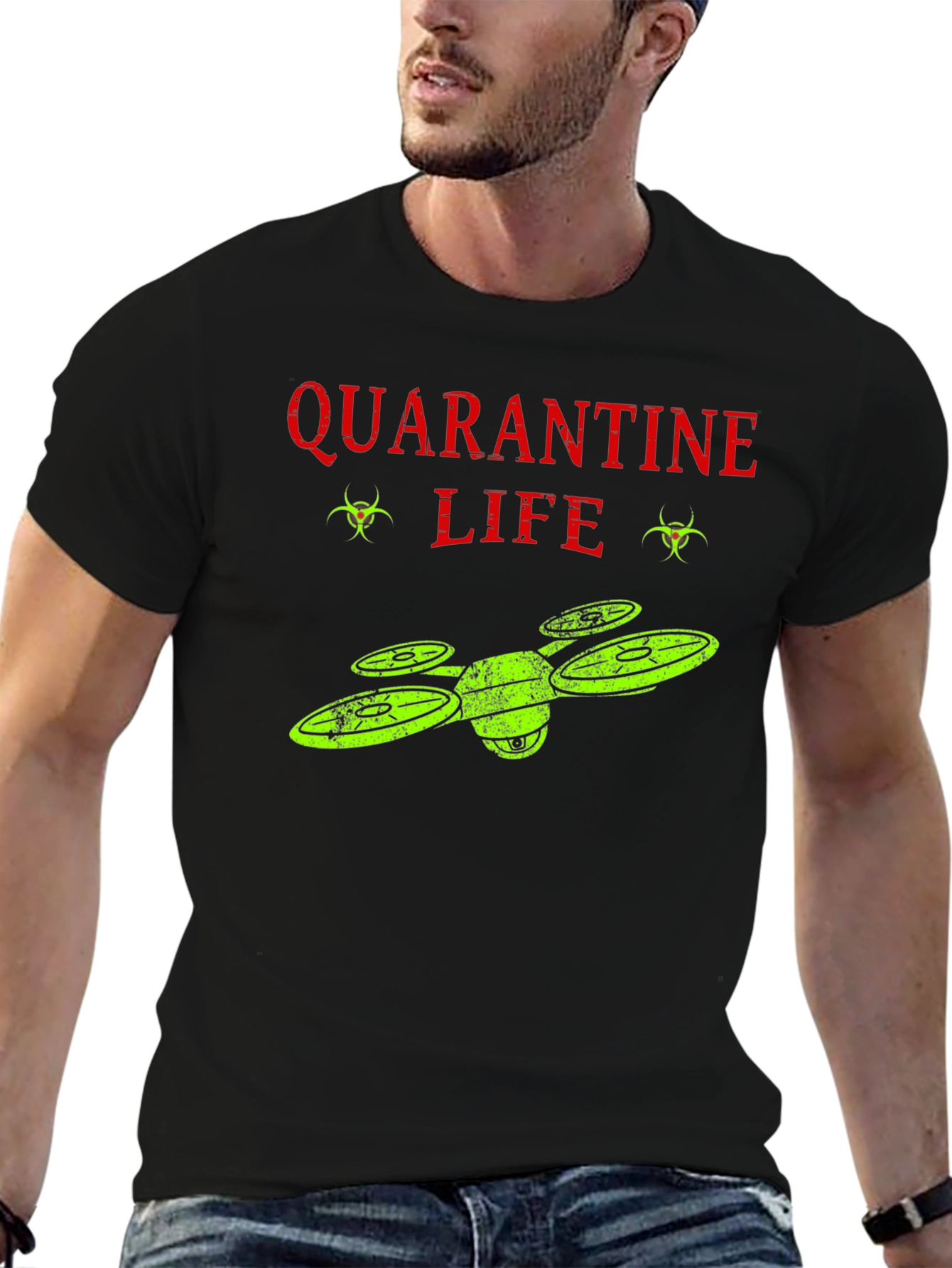 Black Quarantine Life Drone T-Shirt - Funny Novelty Tee view 6