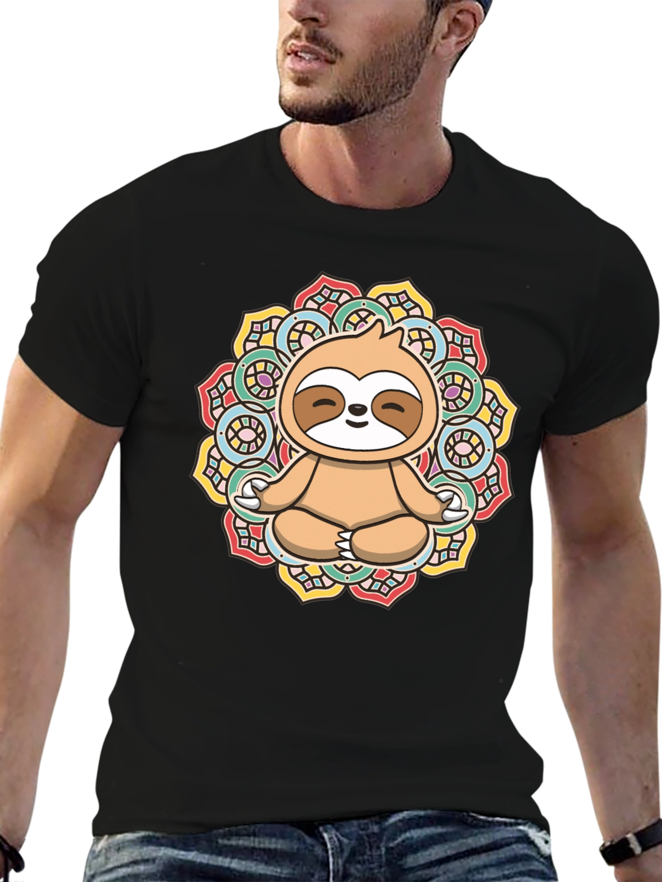 Black Meditating Sloth Mandala Graphic Tee view 6