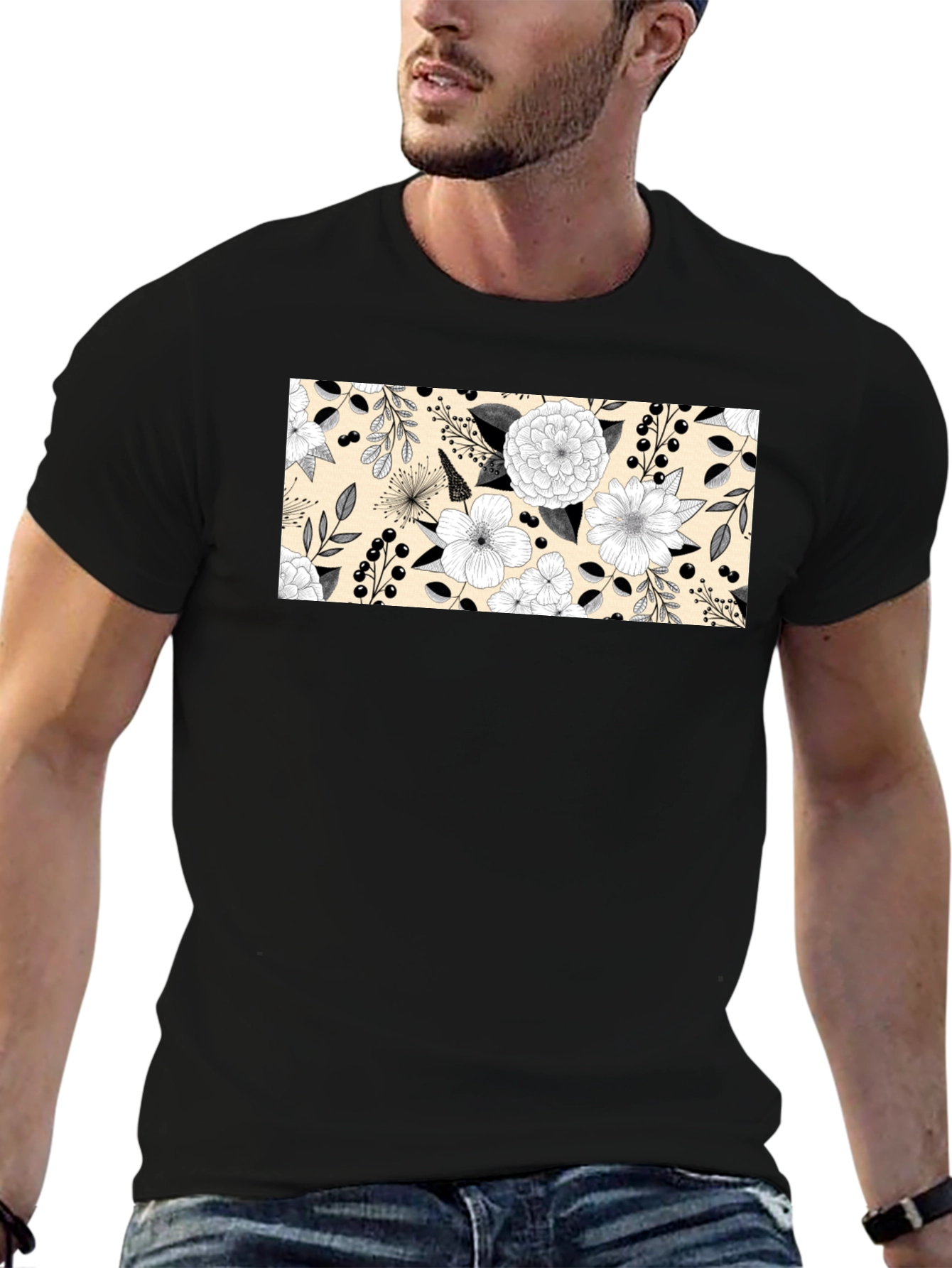 Black Floral Pattern Black T-Shirt view 6
