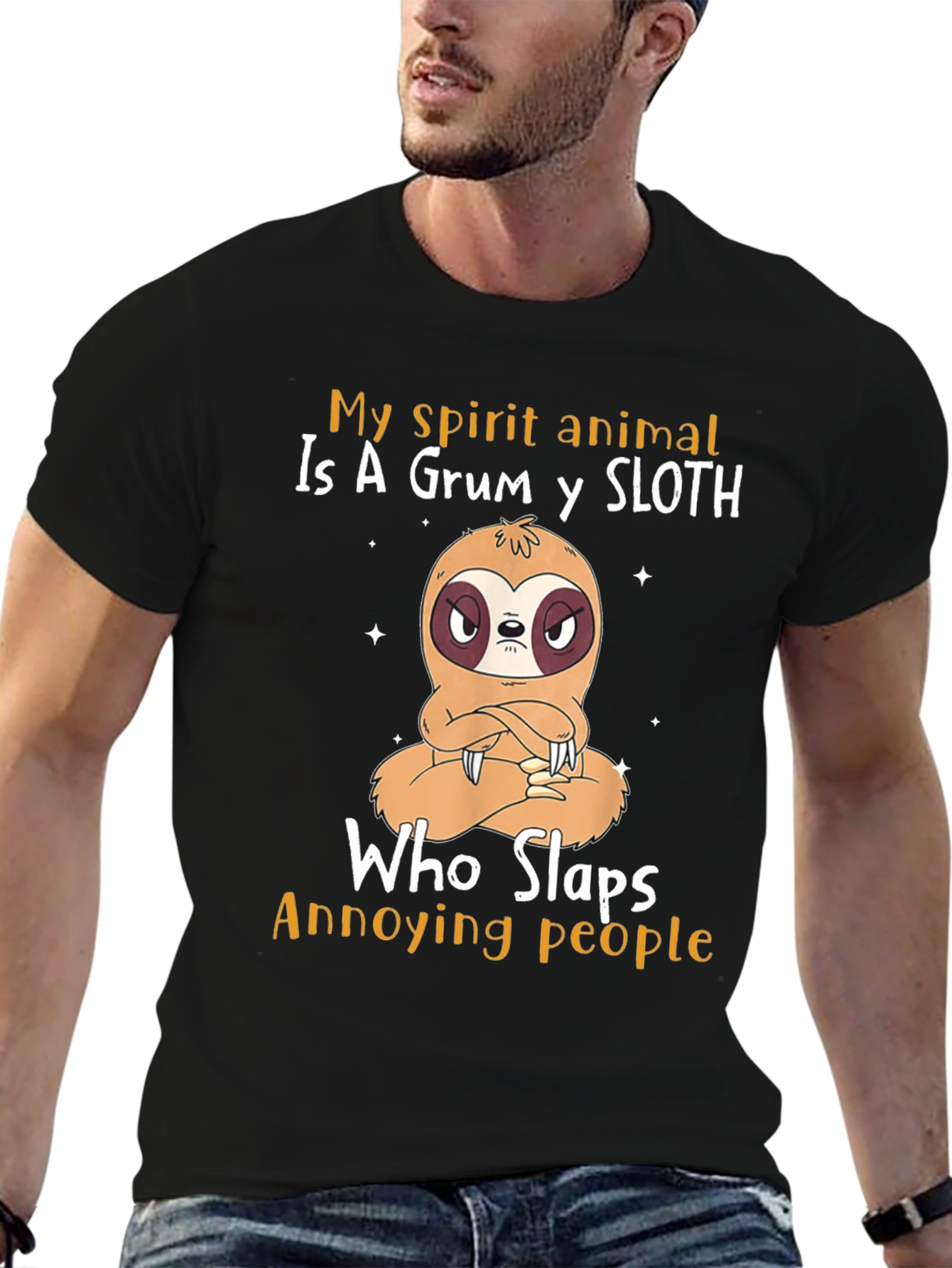 Black Grumpy Sloth T-Shirt - Slaps Annoying People view 6