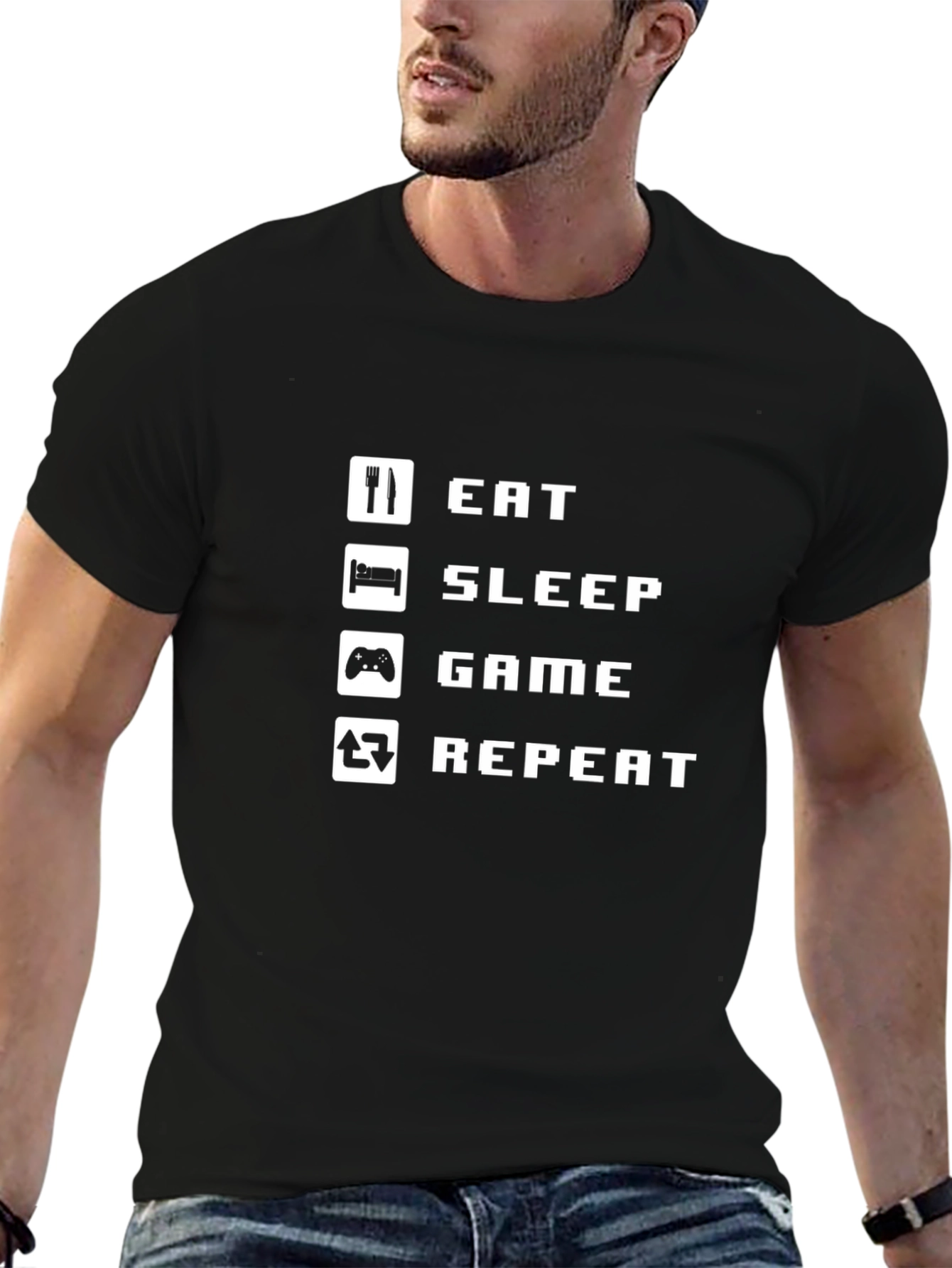 Black Eat Sleep Game Repeat Black Graphic Tee view 6