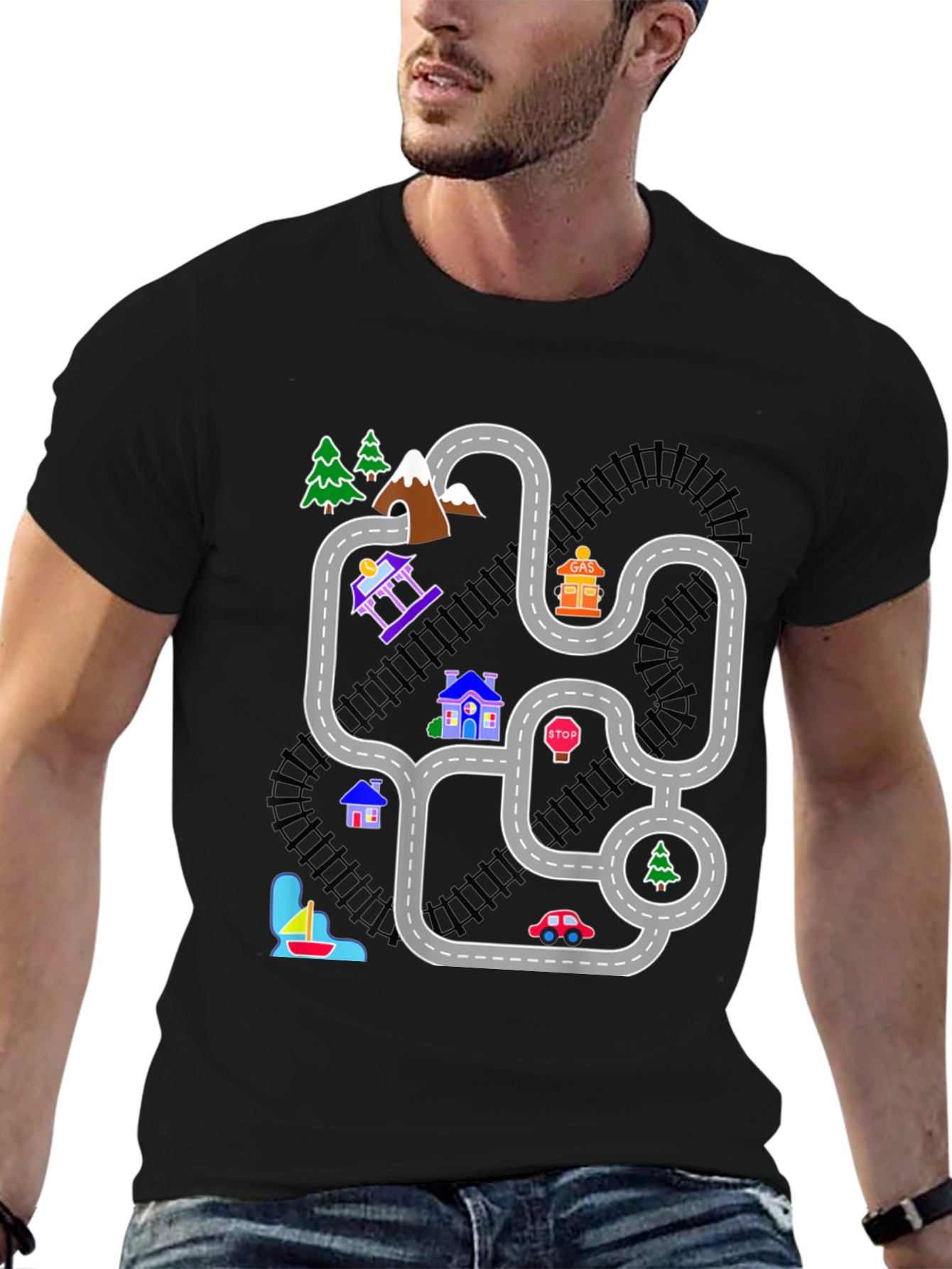Black Playful Road Map Graphic Tee view 6