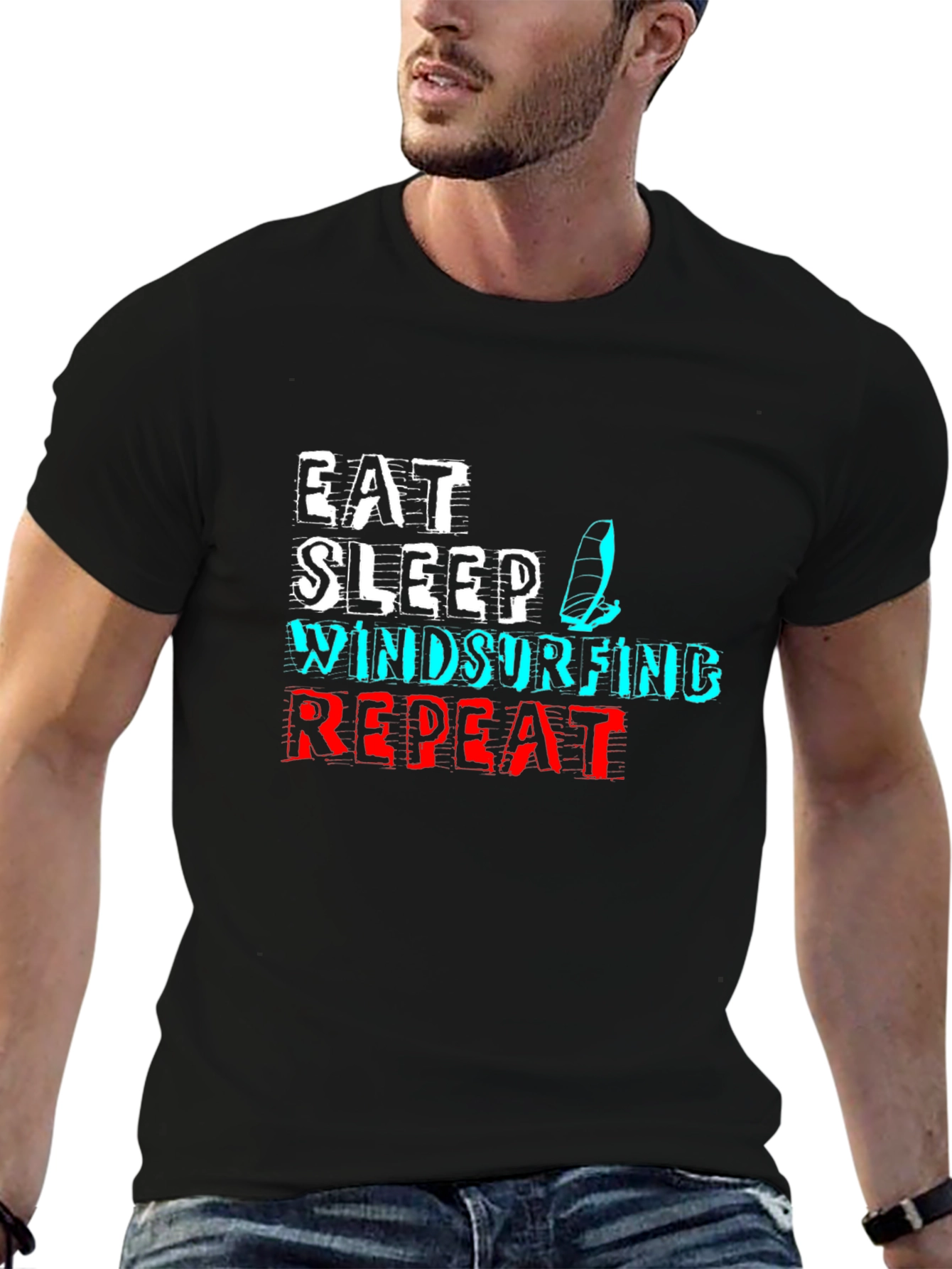 Black Eat Sleep Windsurfing Repeat T-Shirt view 6