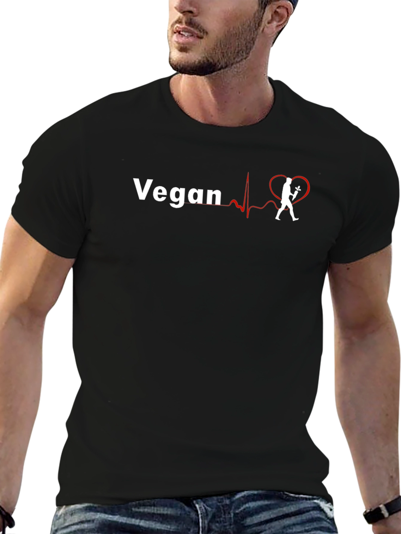 Black Vegan Heartbeat Graphic Tee - Unisex Black T-Shirt view 6