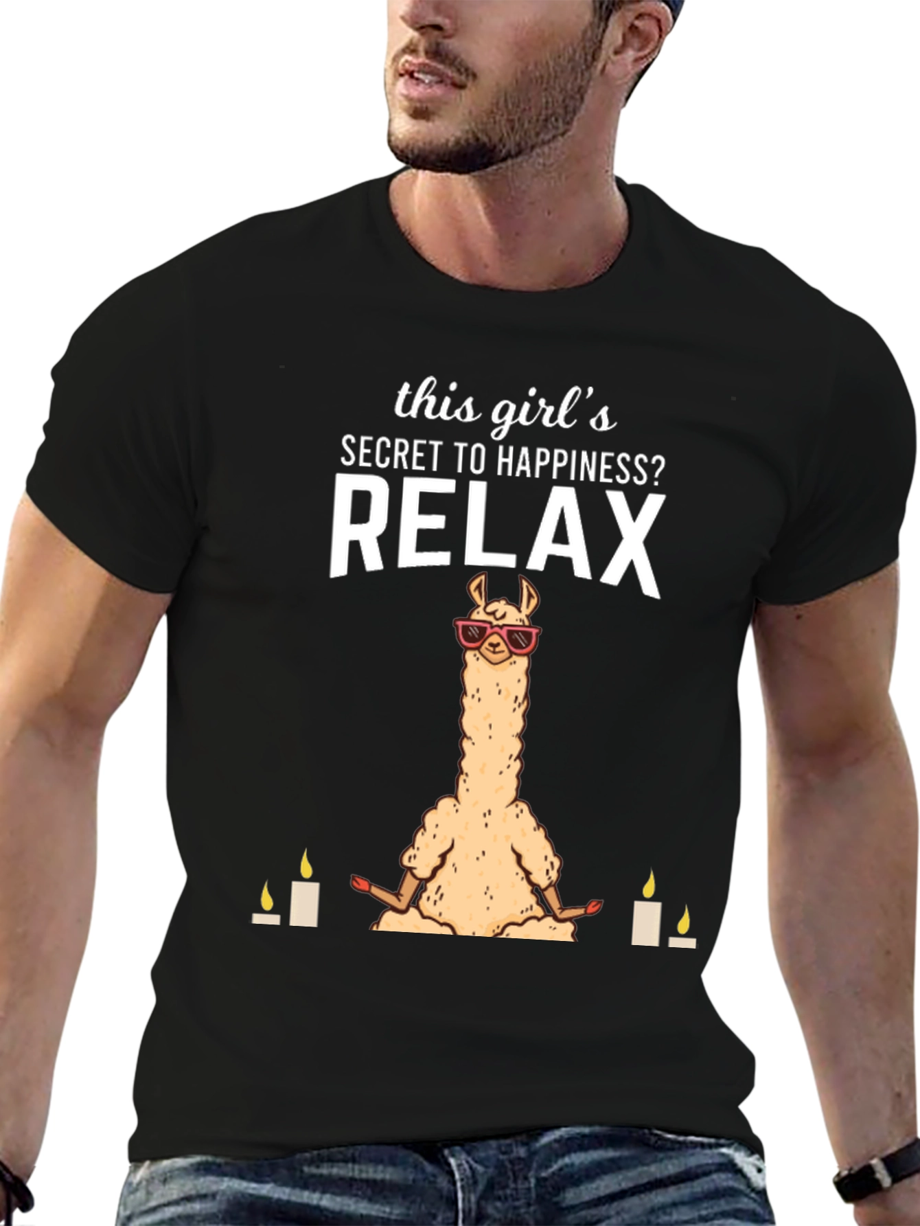 Black Relax Llama T-Shirt - Meditation & Happiness view 6