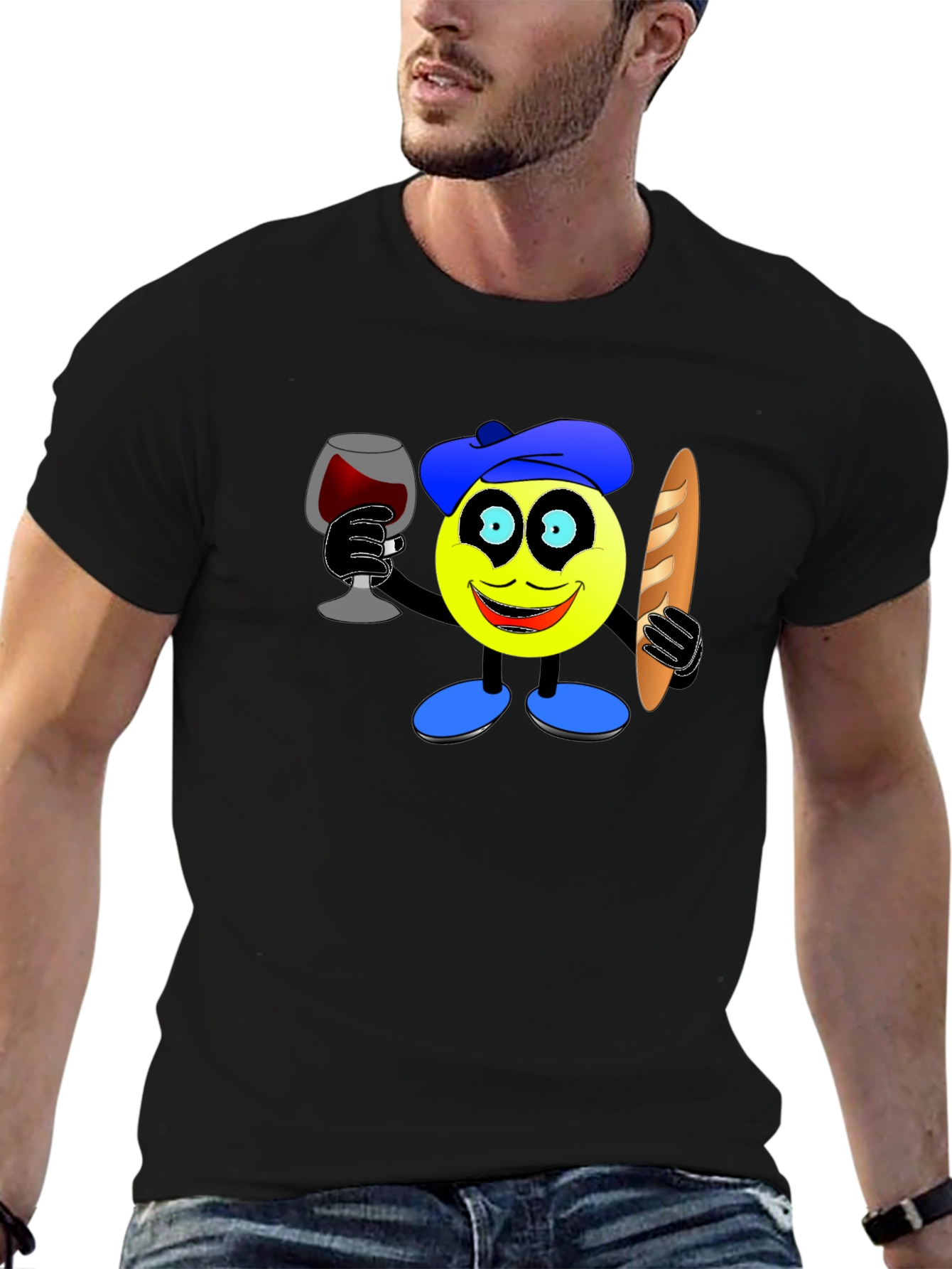 Black French Emoji T-Shirt - Wine & Baguette view 6