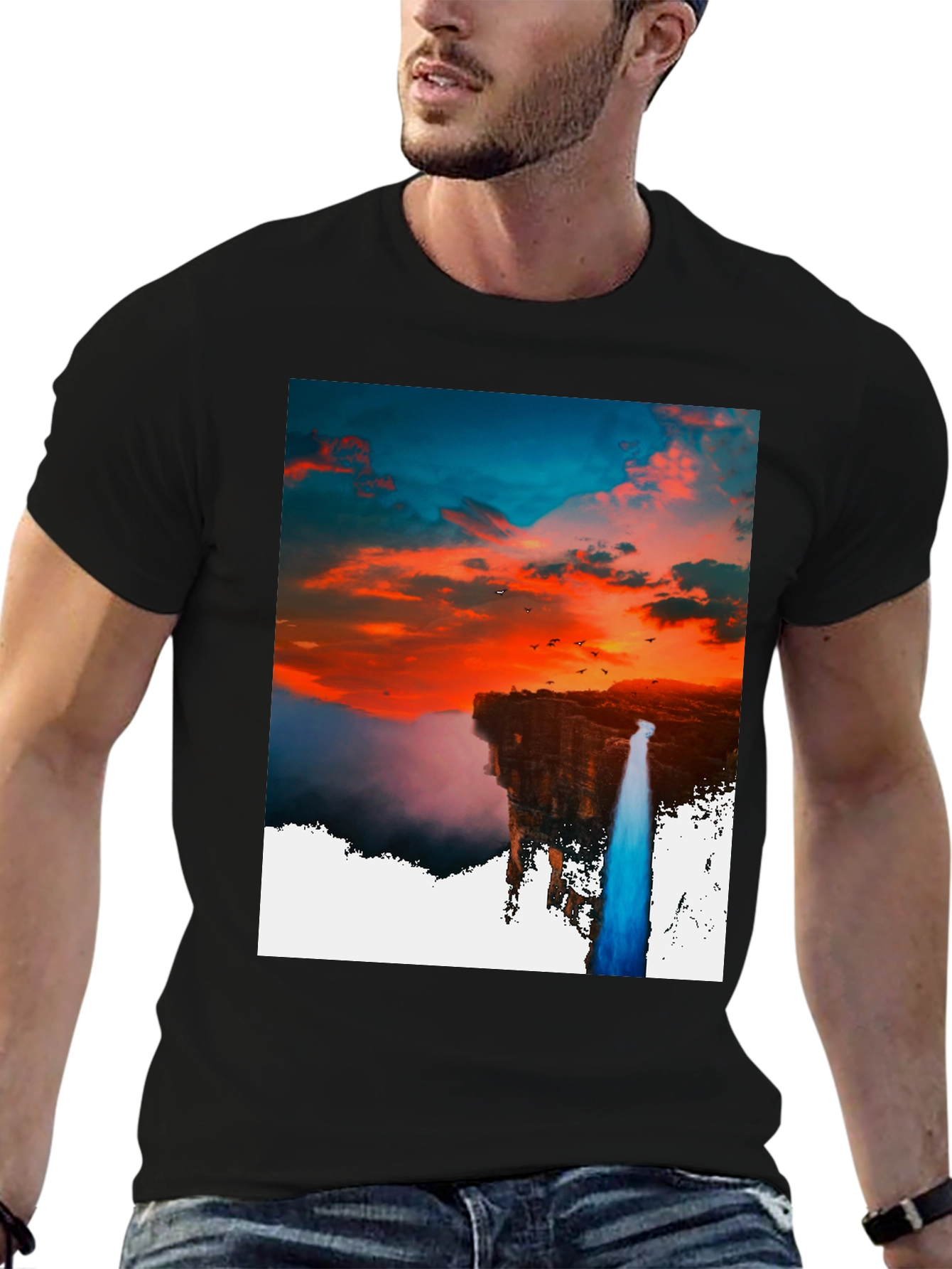 Black Sunset Waterfall Graphic Tee - Unique Design view 6