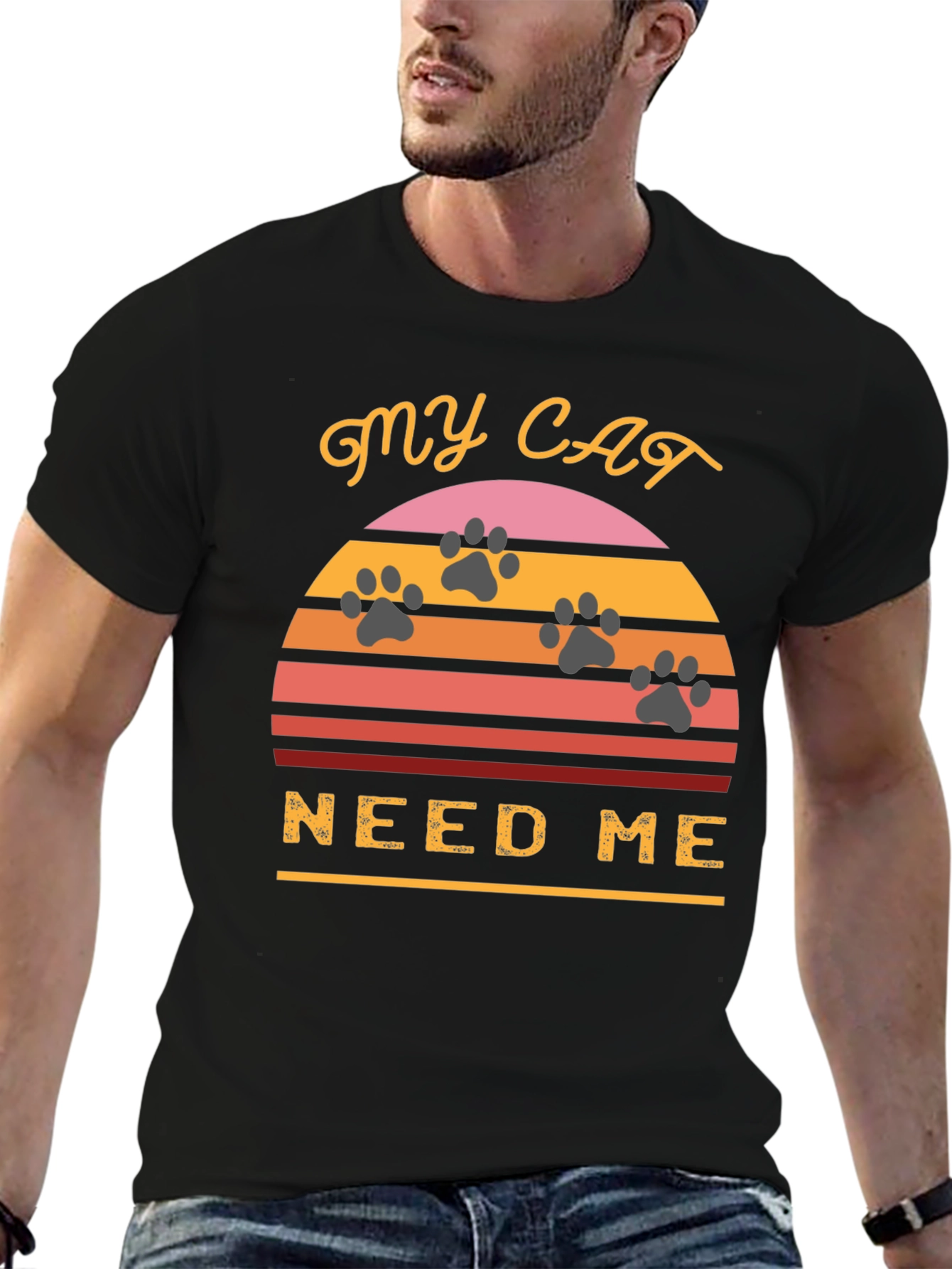 Black My Cat Needs Me T-Shirt - Retro Sunset Style view 6