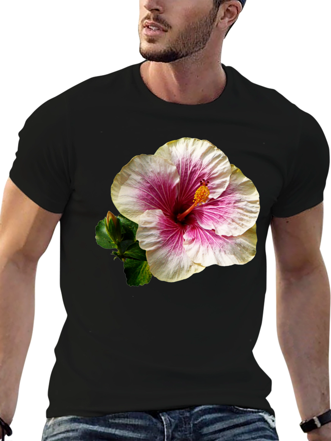 Black Hibiscus Flower Black T-Shirt view 6