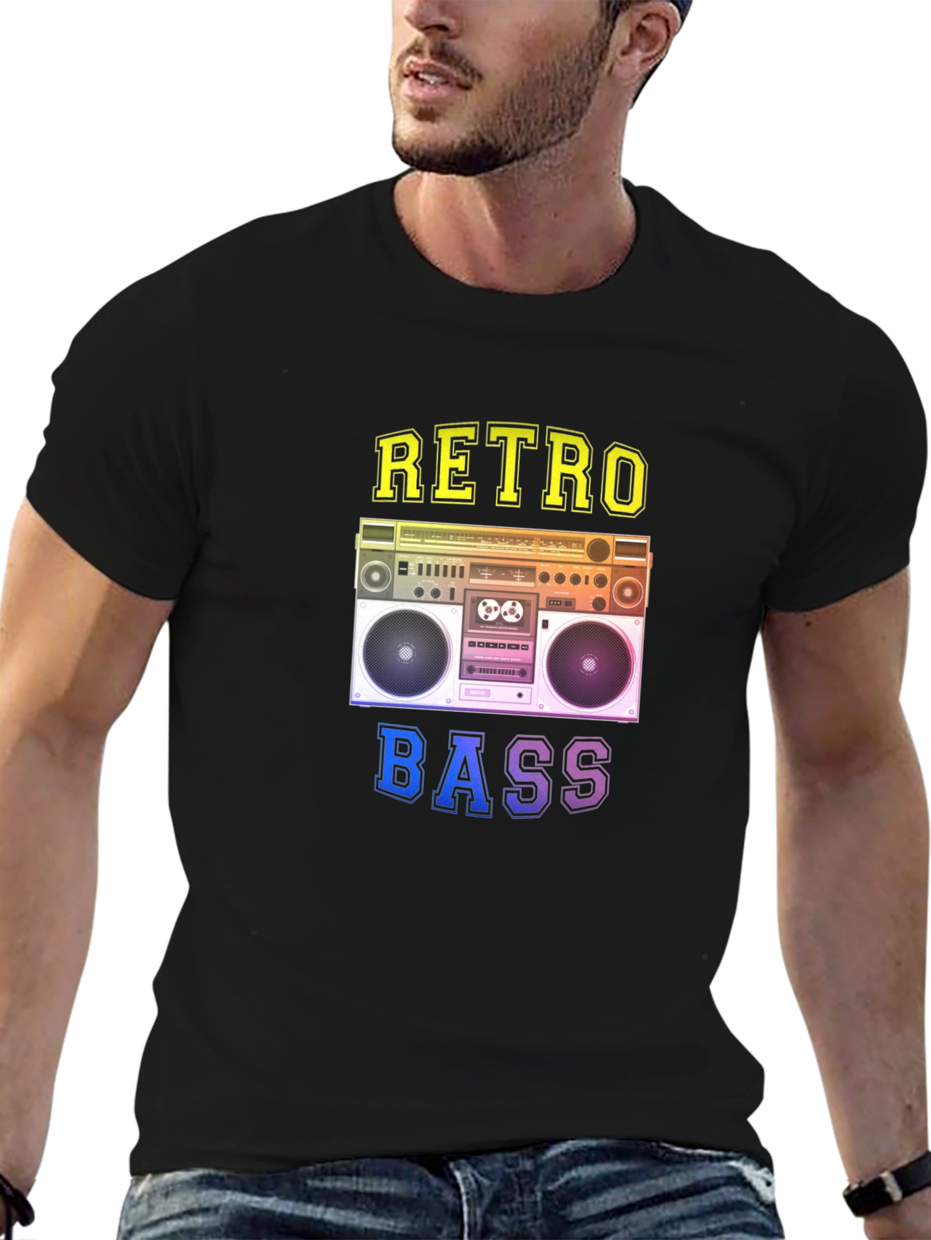 Black Retro Bass Graphic Tee - Vintage Boombox Design view 6