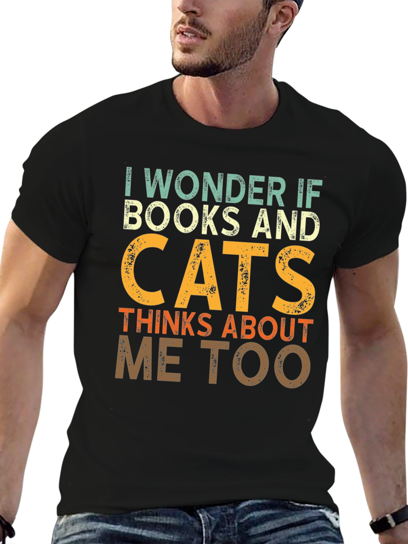 Black I Wonder If Books & Cats T-Shirt view 6