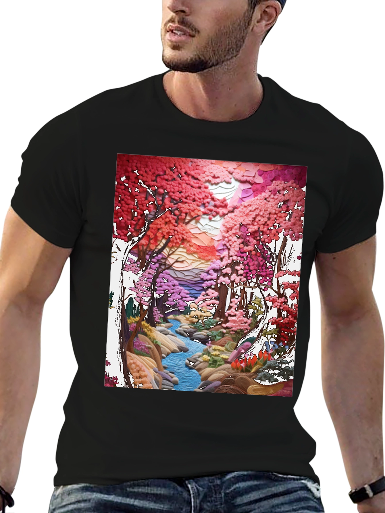 Black Cherry Blossom Stream Art T-Shirt view 6