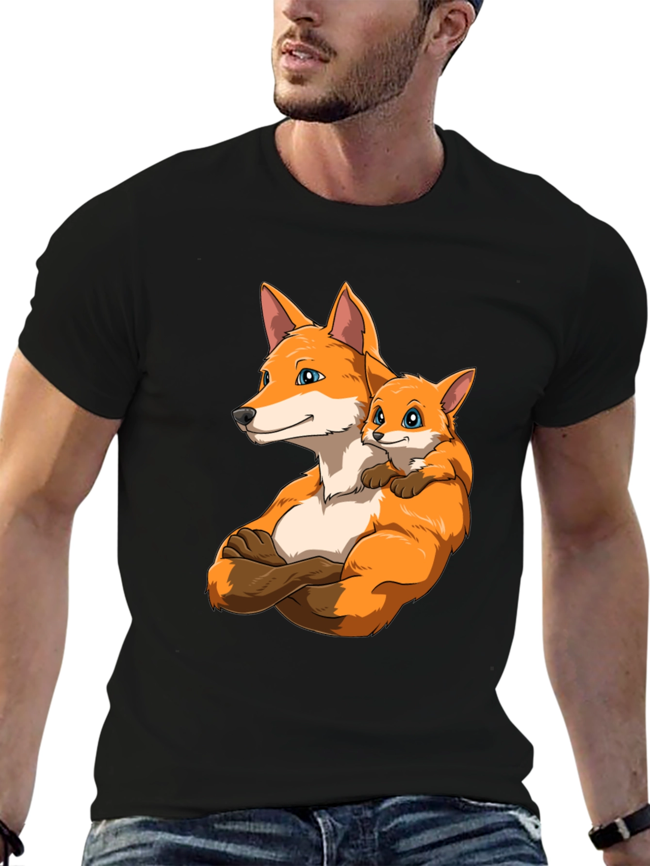 Black Fox Family Black T-Shirt - Cute Cartoon Design view 6